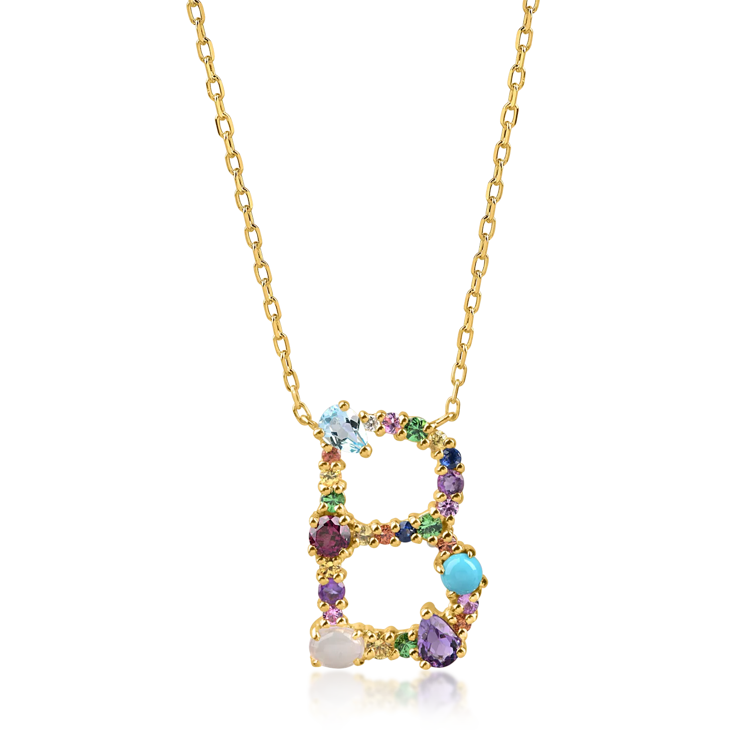 Yellow gold initial B pendant necklace with 1.3ct precious and semi-precious stones-194145