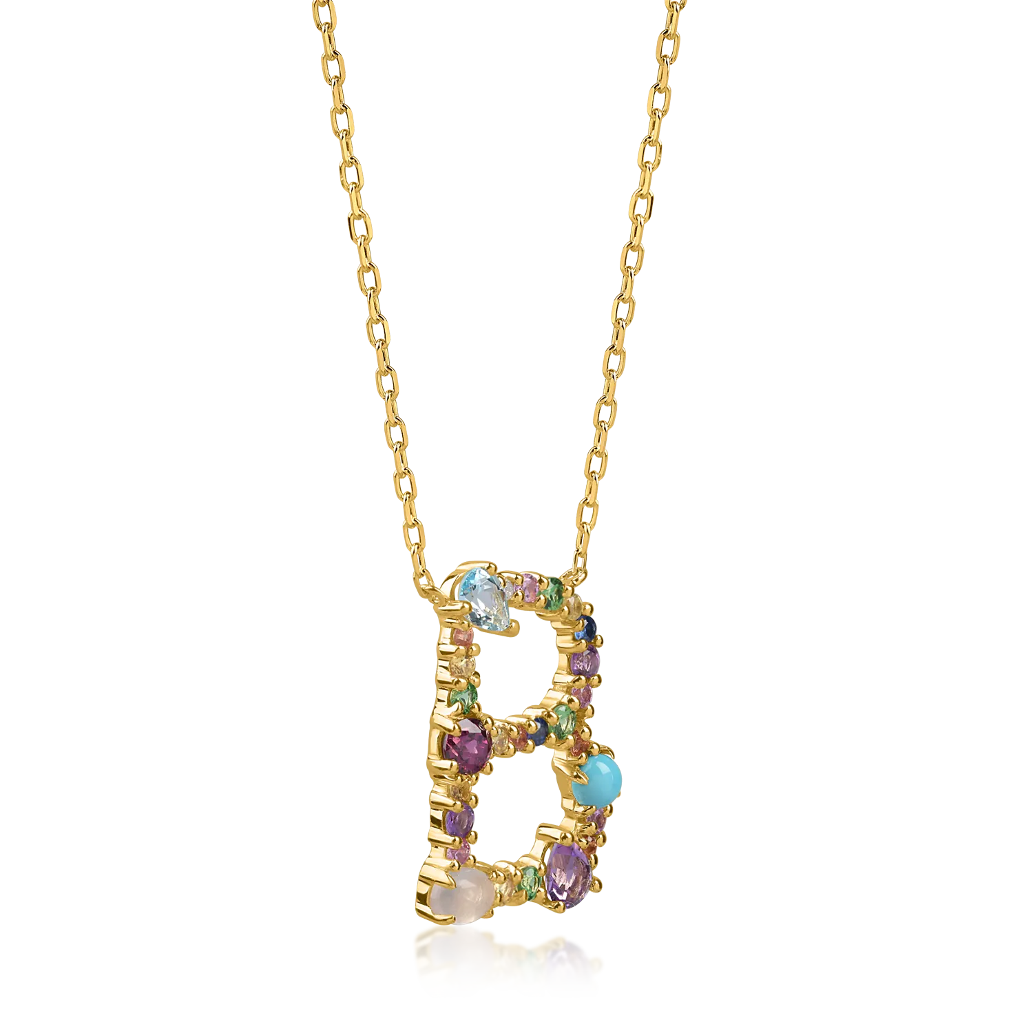 Yellow gold initial B pendant necklace with 1.3ct precious and semi-precious stones