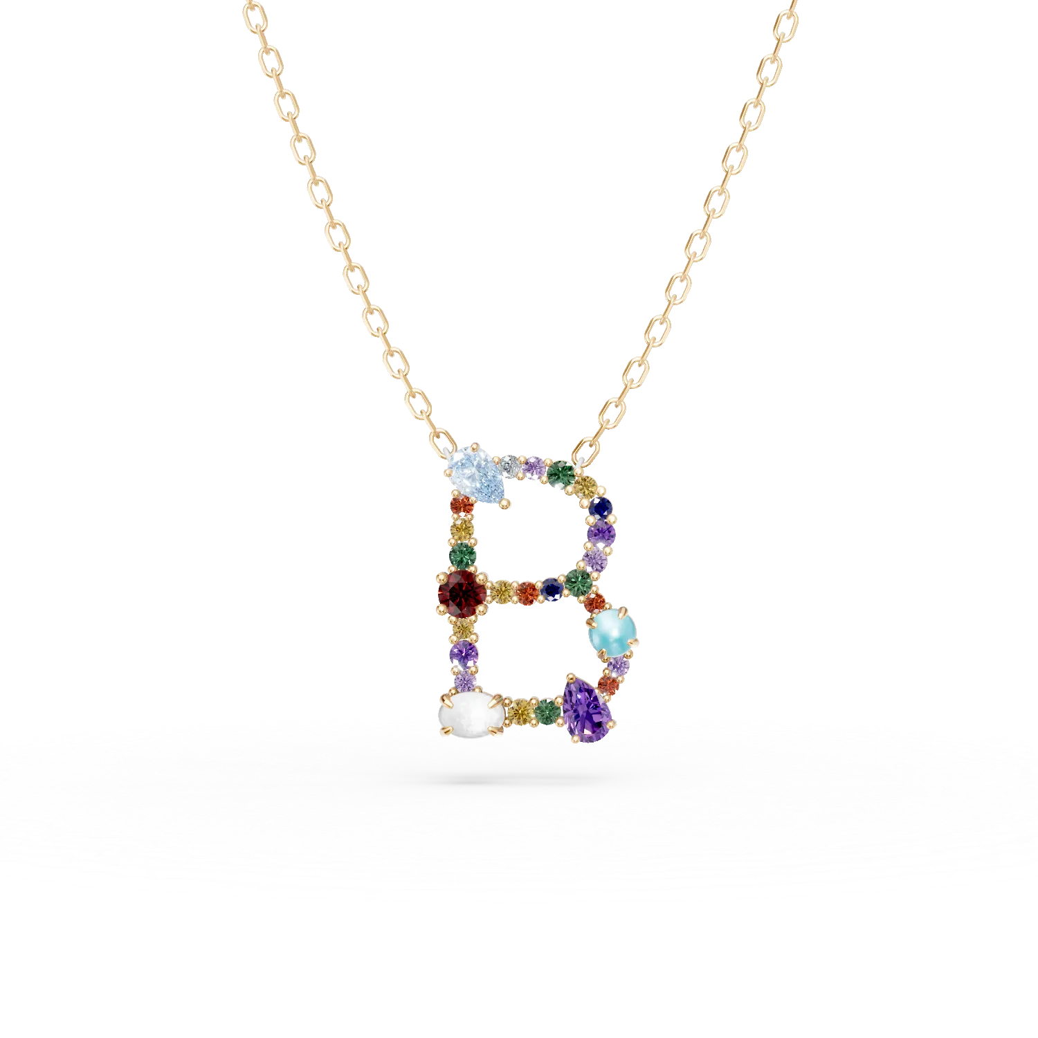 Lant cu pandantiv initiala B din aur galben cu pietre pretioase si semipretioase de 1.3ct