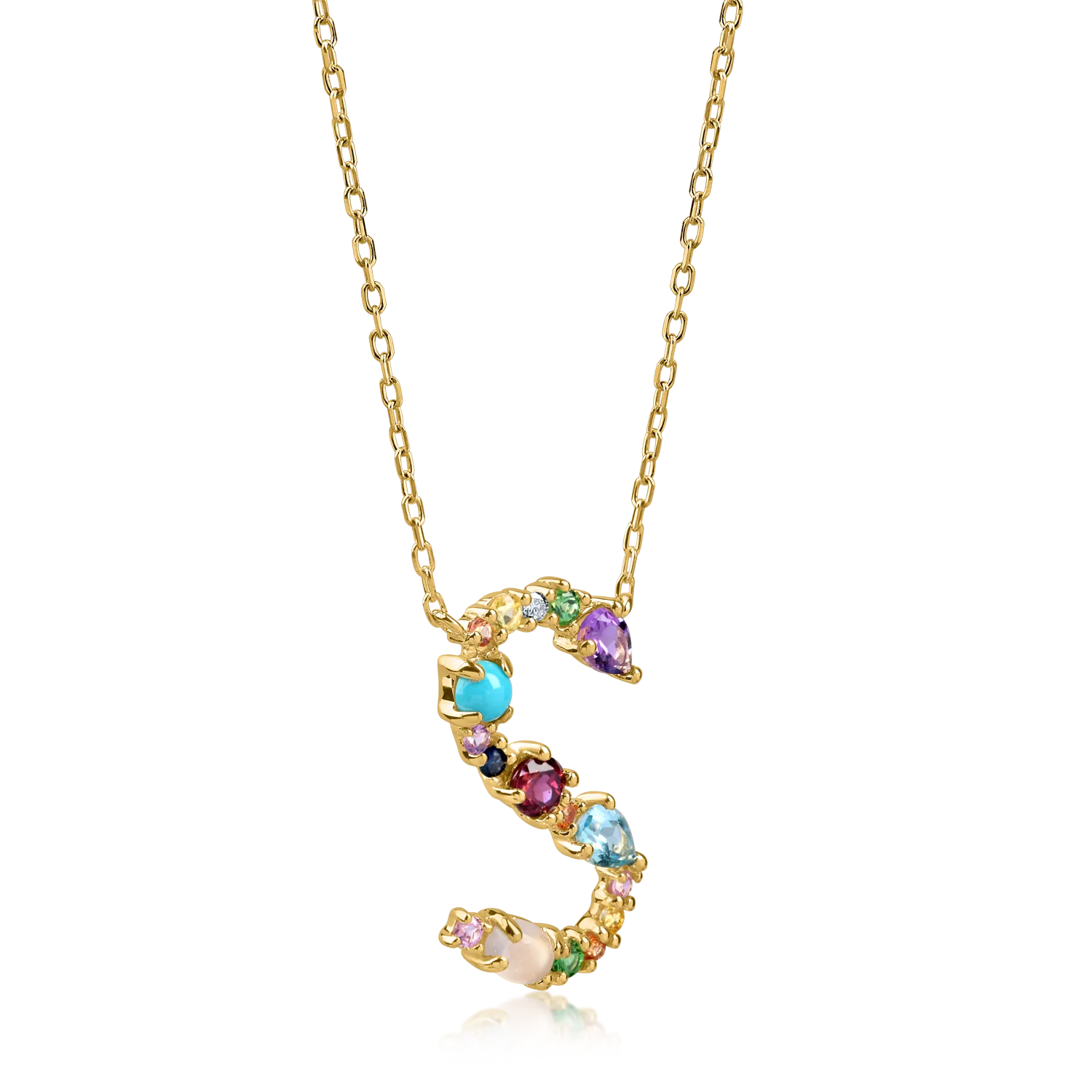 Yellow gold initial S pendant necklace with 1.1ct precious and semi-precious stones