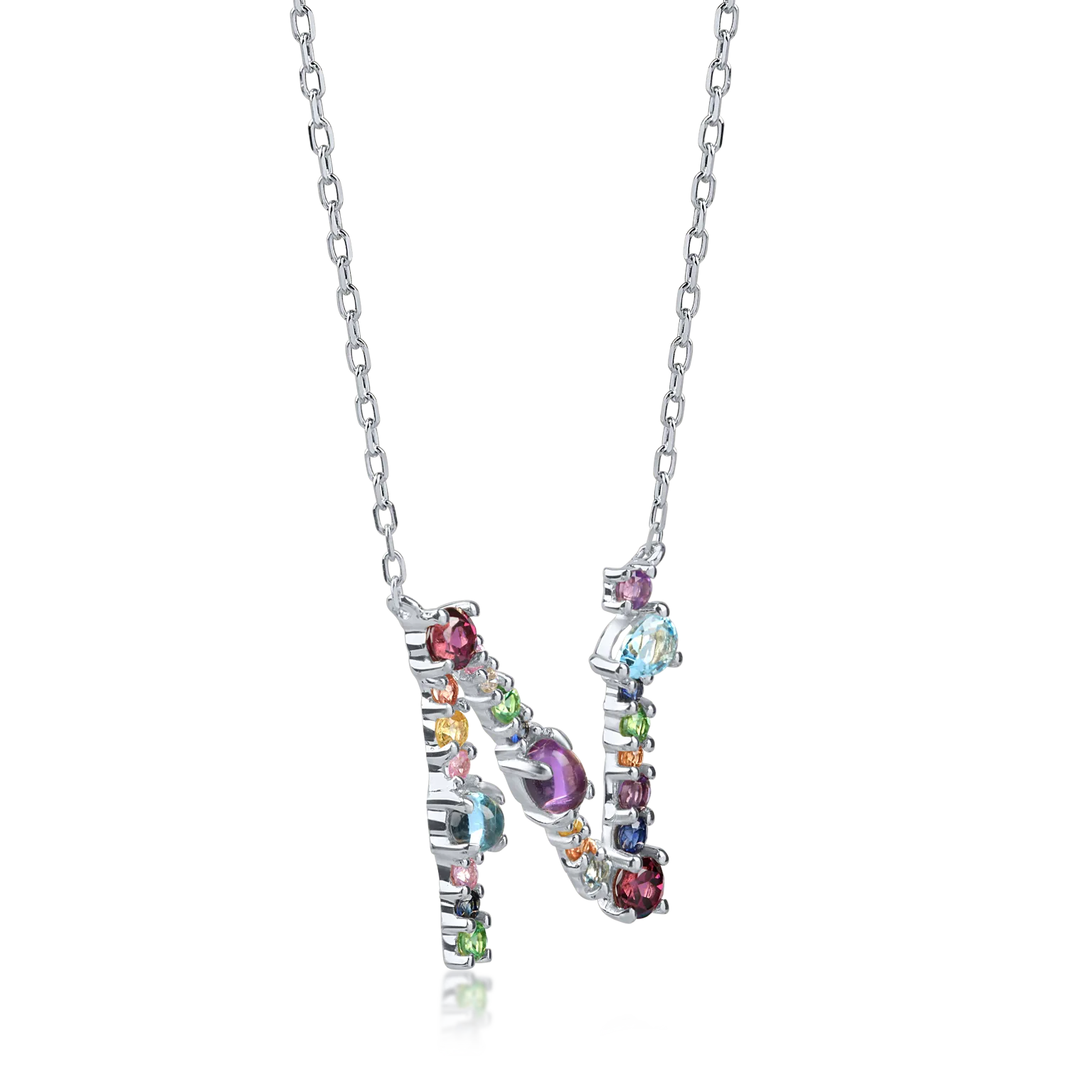 White gold initial N pendant necklace with 1.4ct precious and semi-precious stones
