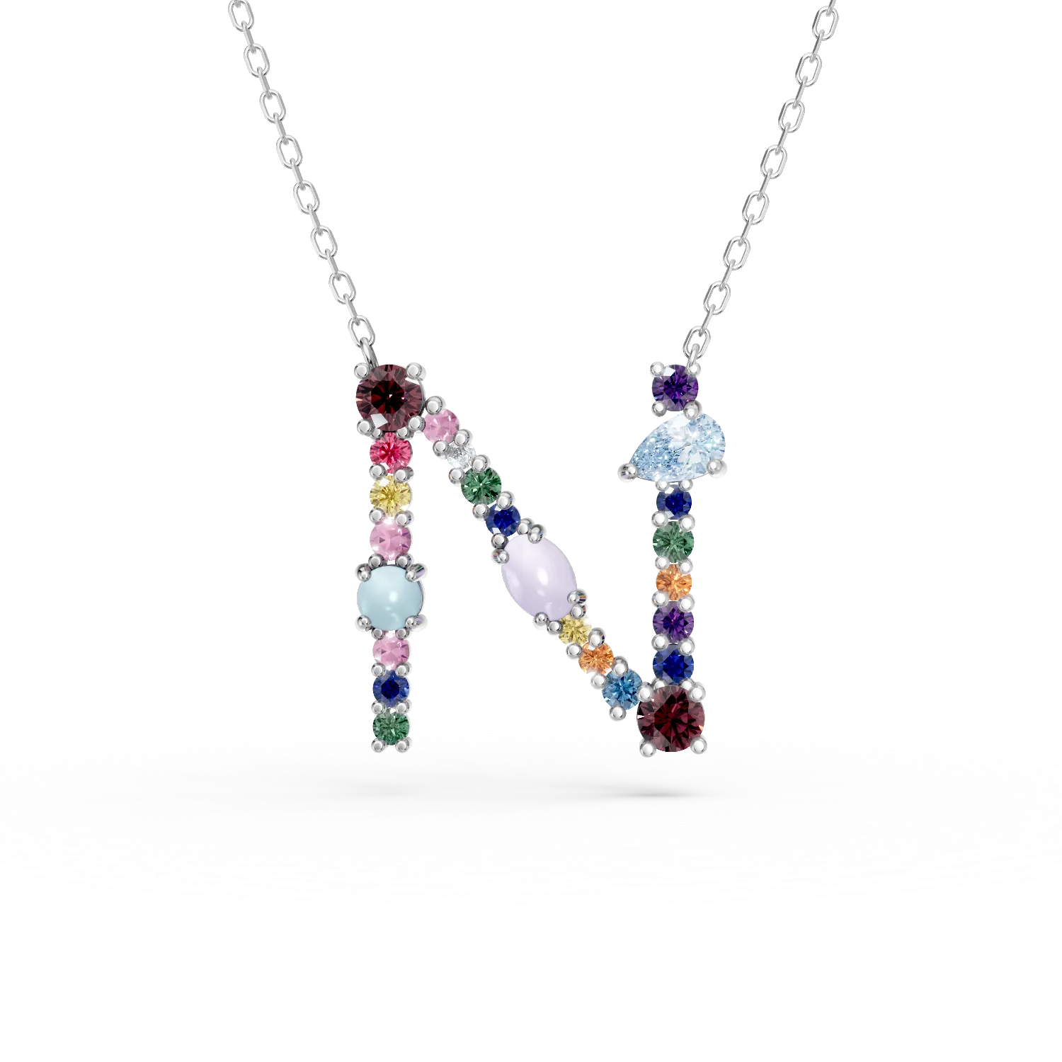 Lant cu pandantiv initiala N din aur alb cu pietre pretioase si semipretioase de 1.4ct