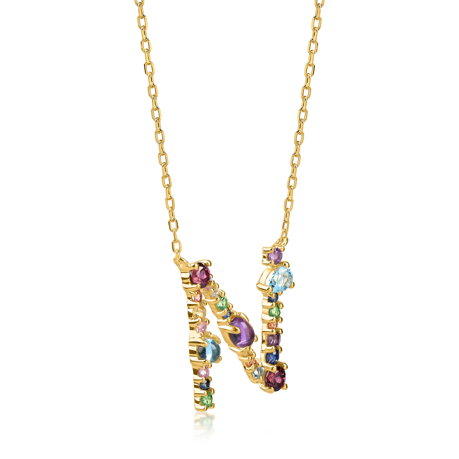 Yellow gold initial N pendant necklace with 1.4ct precious and semi-precious stones