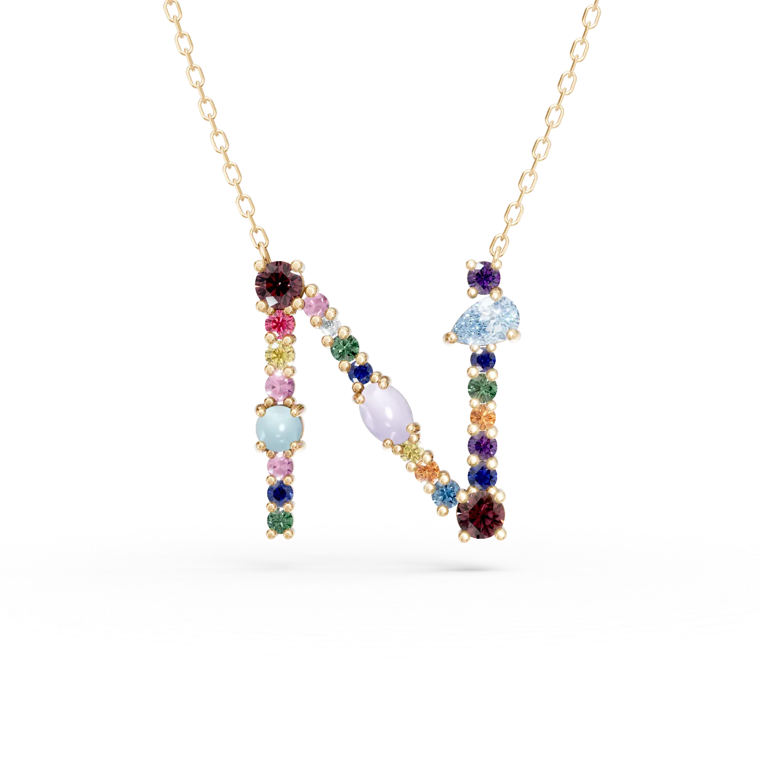 Lant cu pandantiv initiala N din aur galben cu pietre pretioase si semipretioase de 1.4ct