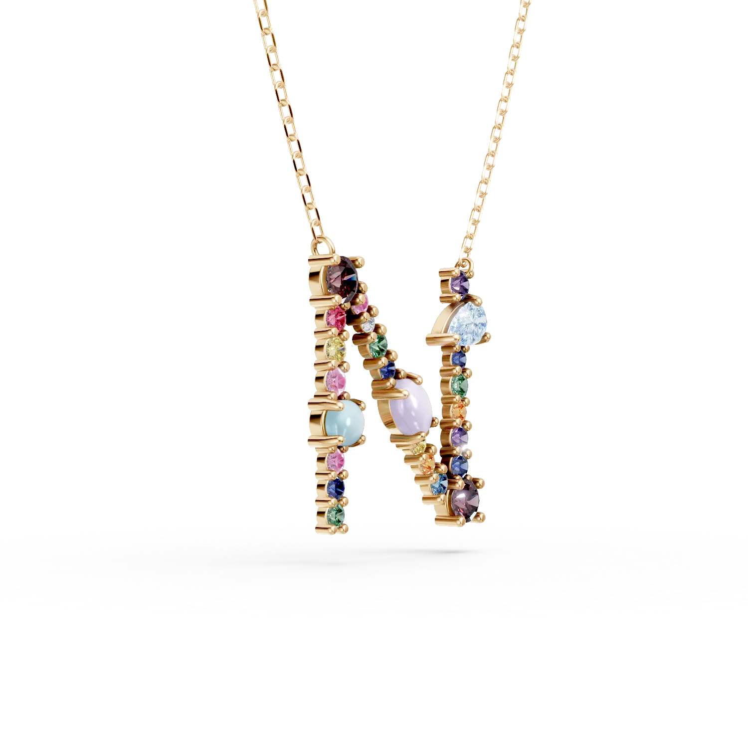 Колие с висулка с инициала N от жълто злато с 1.4кт скъпоценни и полу-скъпоценни камъни