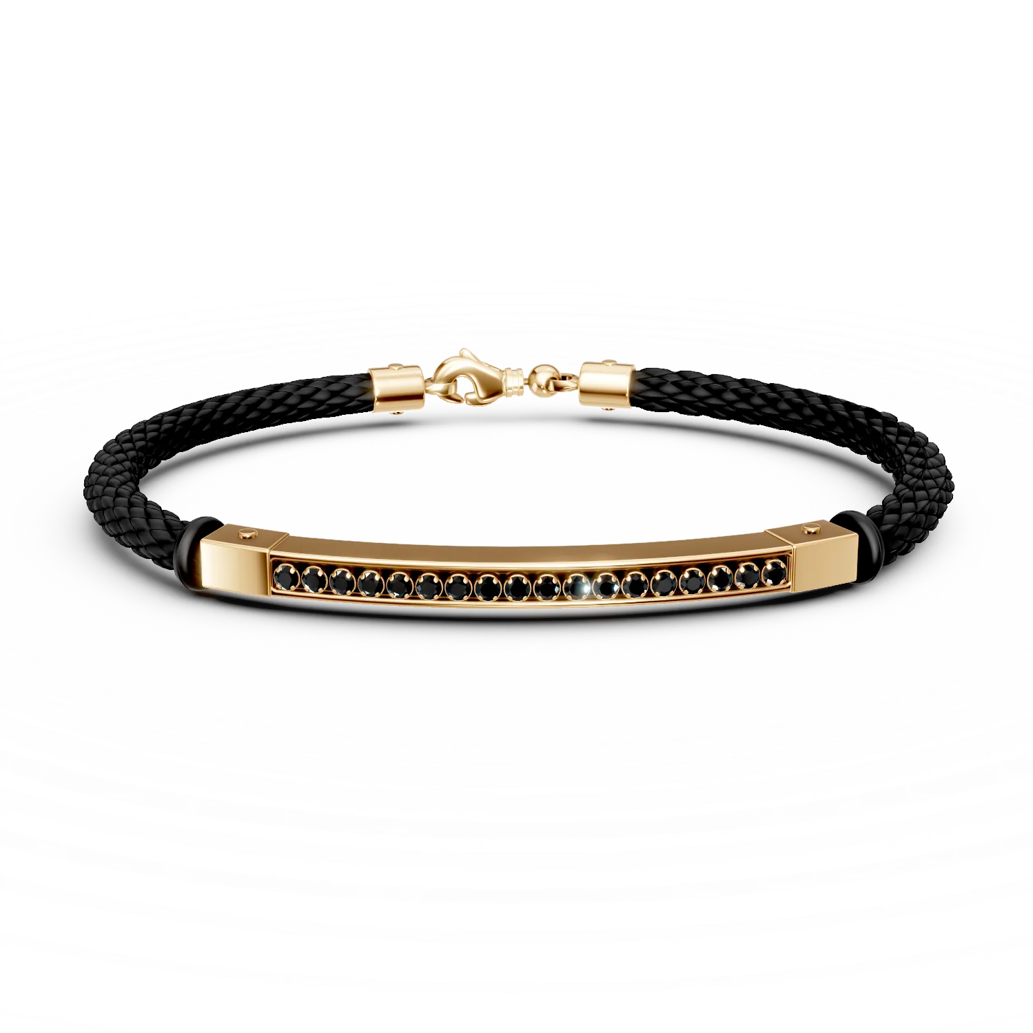 Yellow gold and leather bracelet with black zirconia for men-194163