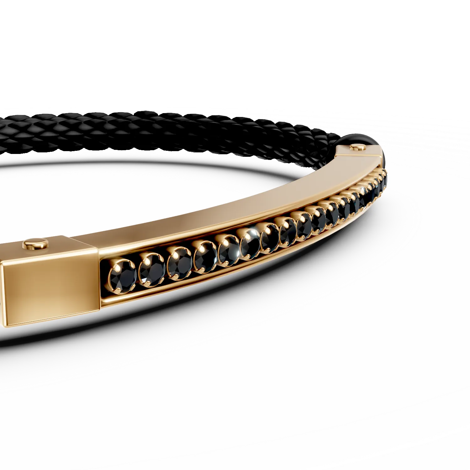 Yellow gold and leather bracelet with black zirconia for men