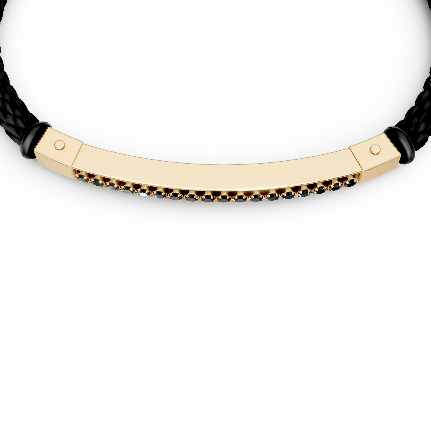 Yellow gold and leather bracelet with black zirconia for men