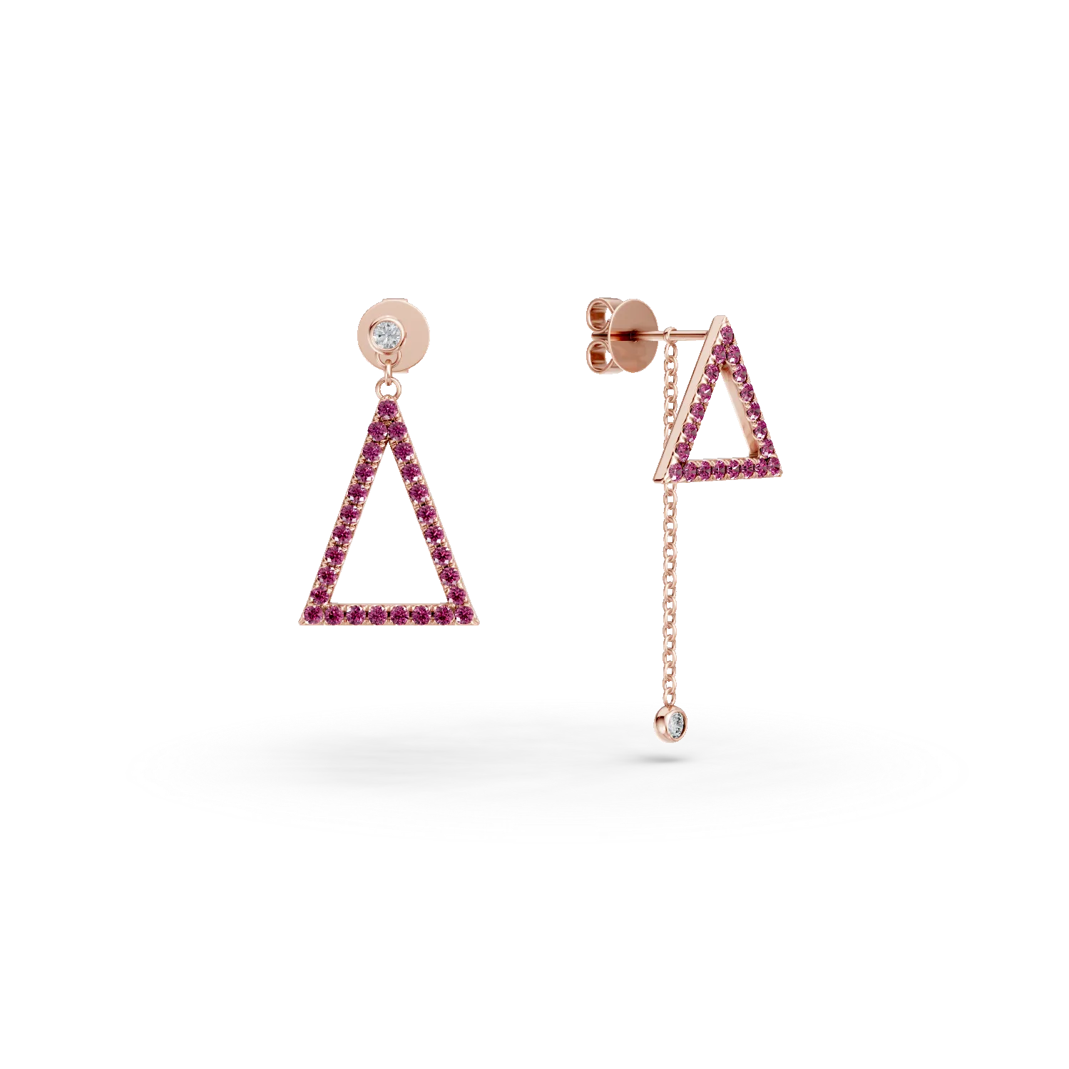 Cercei geometrici din aur roz cu safire roz de 0.5ct si diamante de 0.07ct