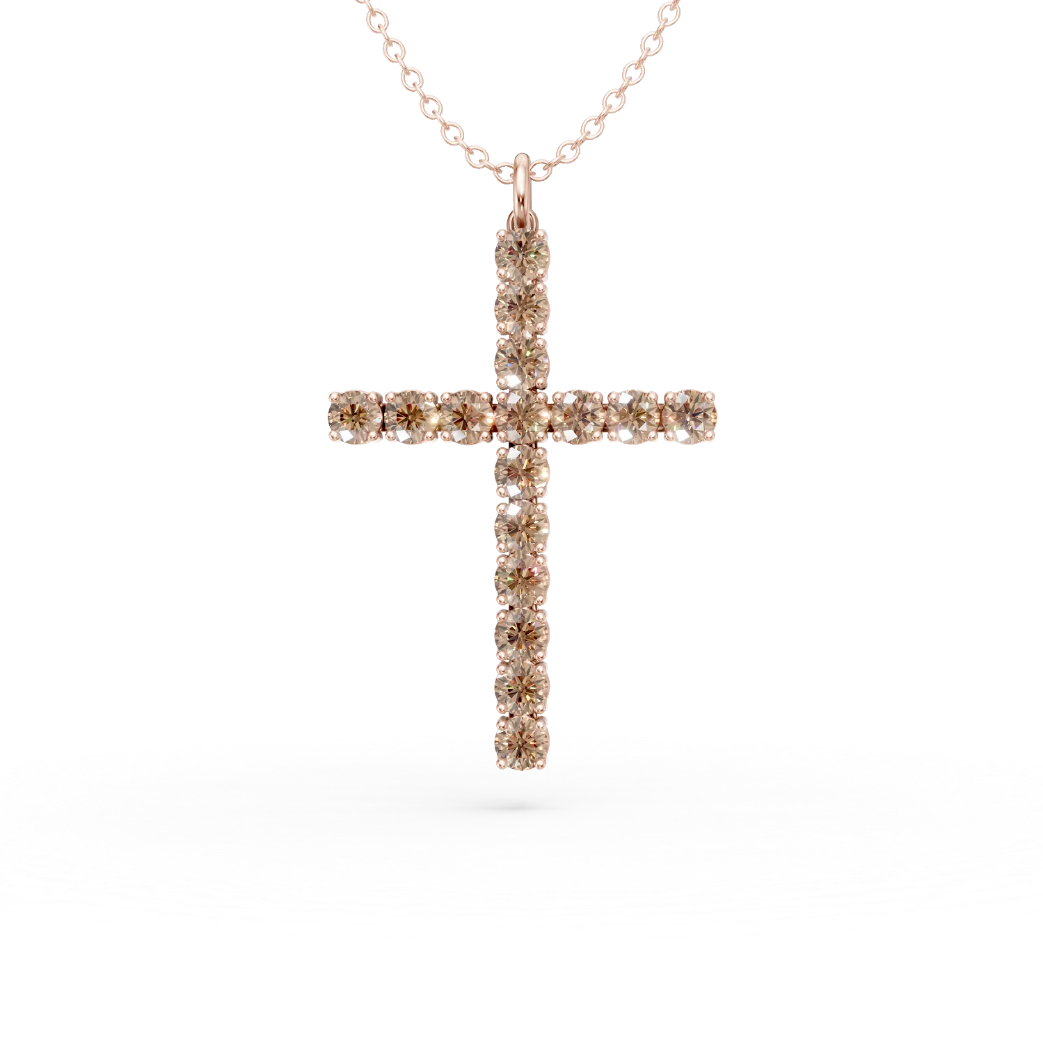 Lant cu pandantiv cruce din aur roz cu diamante maro de 1.2ct