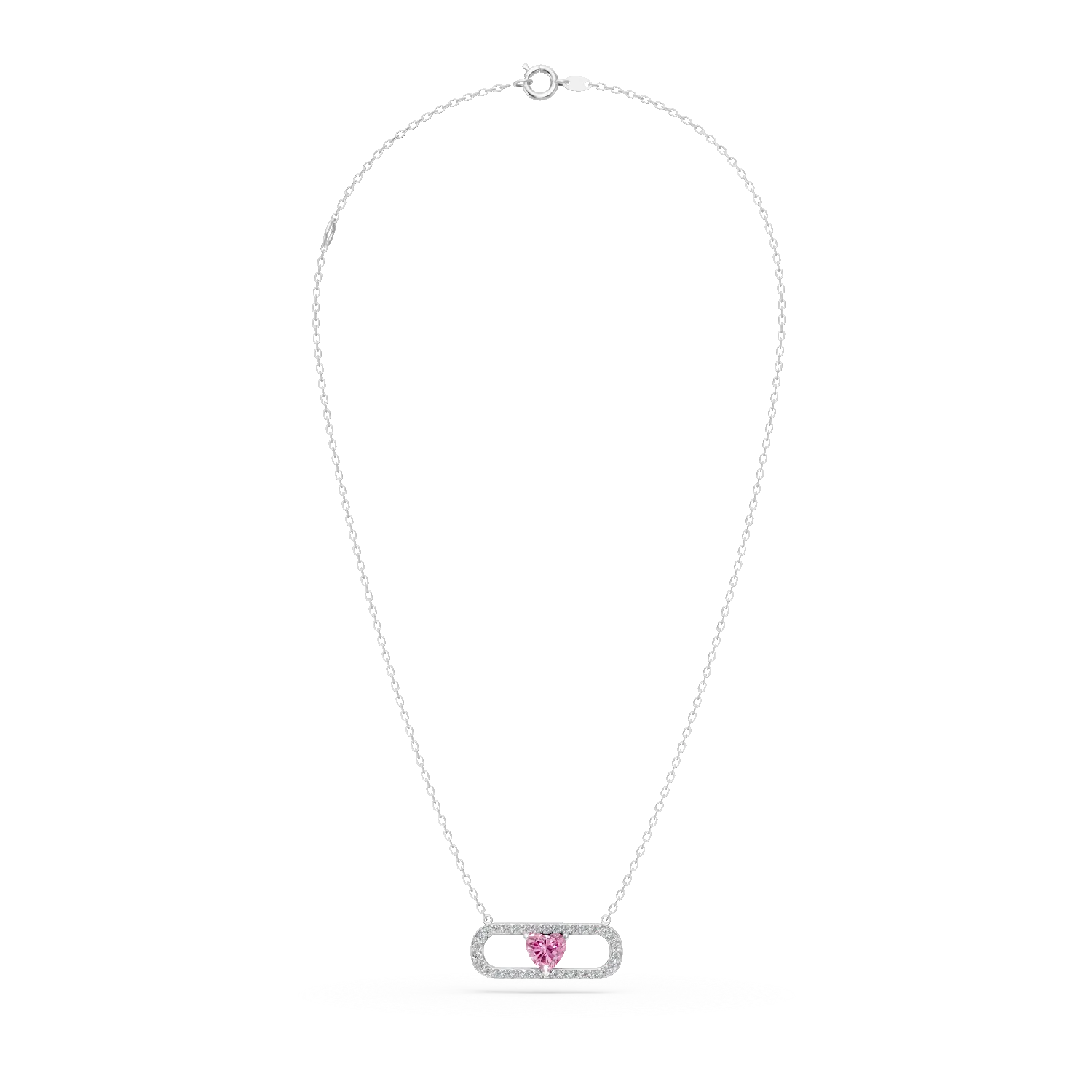 White gold geometric pendant necklace with pink and white zirconia