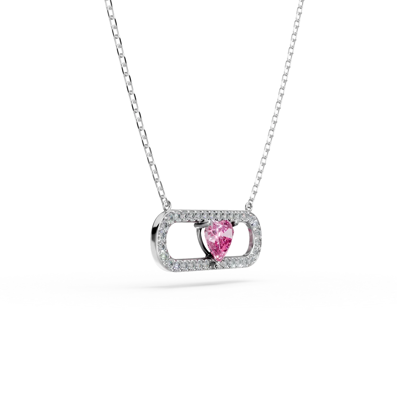 White gold geometric pendant necklace with pink and white zirconia