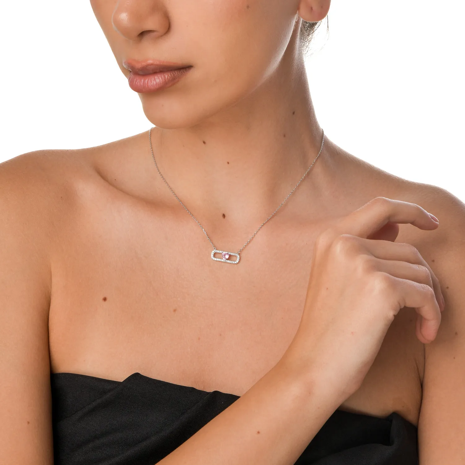 White gold geometric pendant necklace with pink and white zirconia