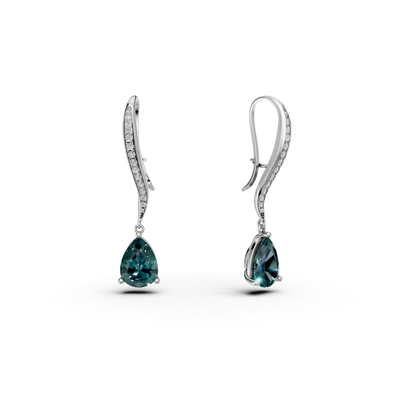 White gold long earrings with 0.1ct diamonds and 3.8ct London Blue topaz