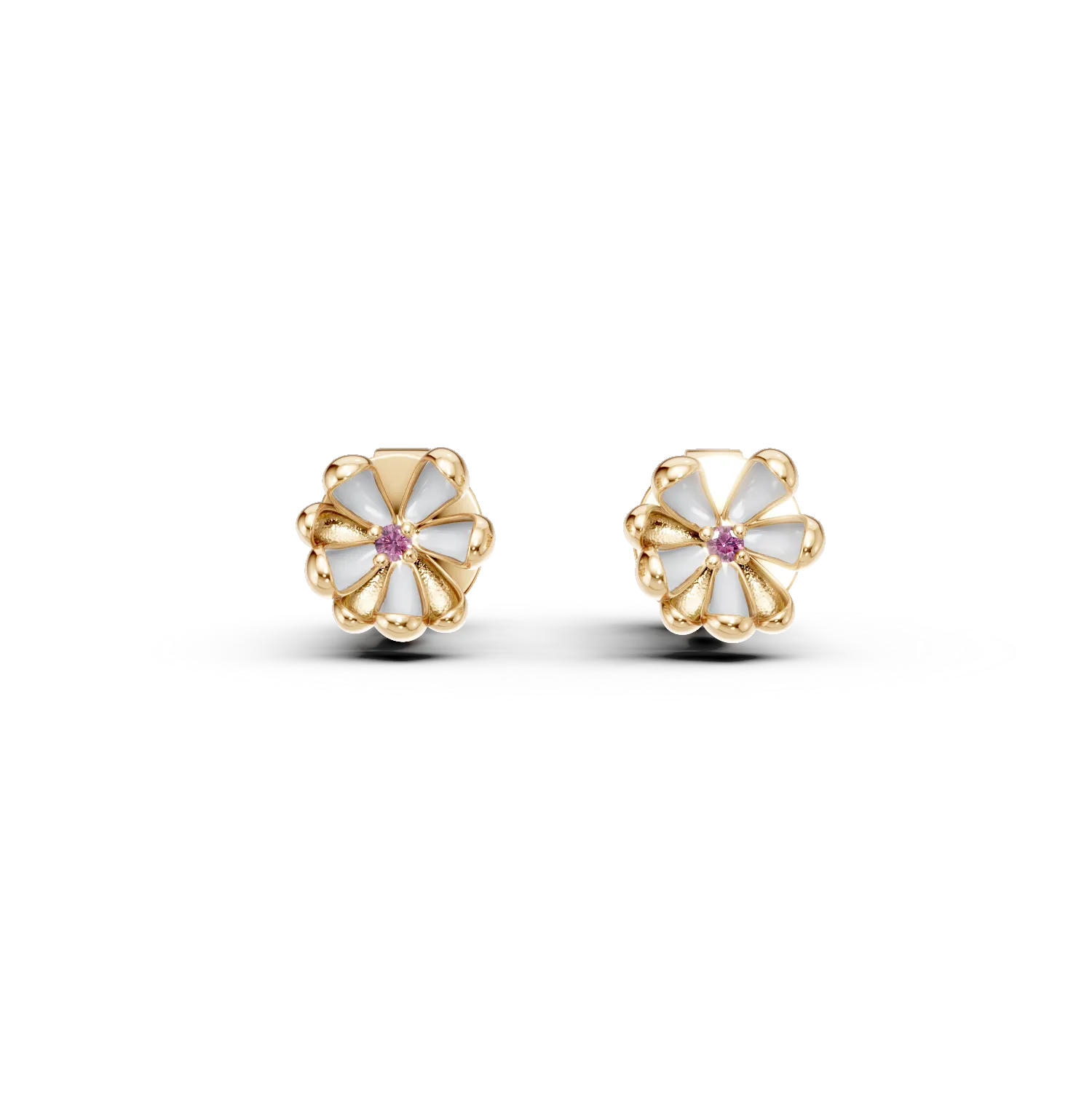 Yellow gold children's linden flower earrings with 0.03ct pink sapphires-195233