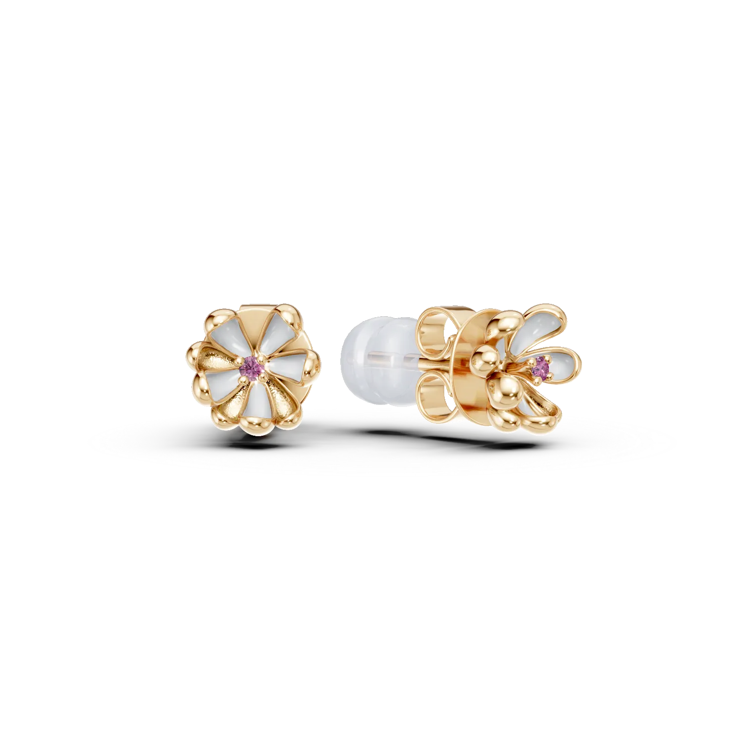 Yellow gold children's linden flower earrings with 0.03ct pink sapphires