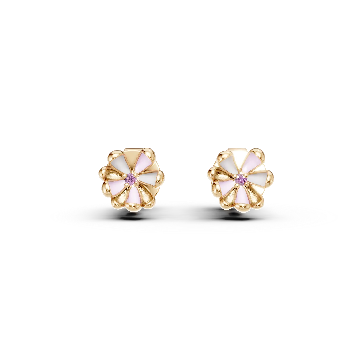 Yellow gold children's linden flower earrings with 0.03ct pink sapphires-195234