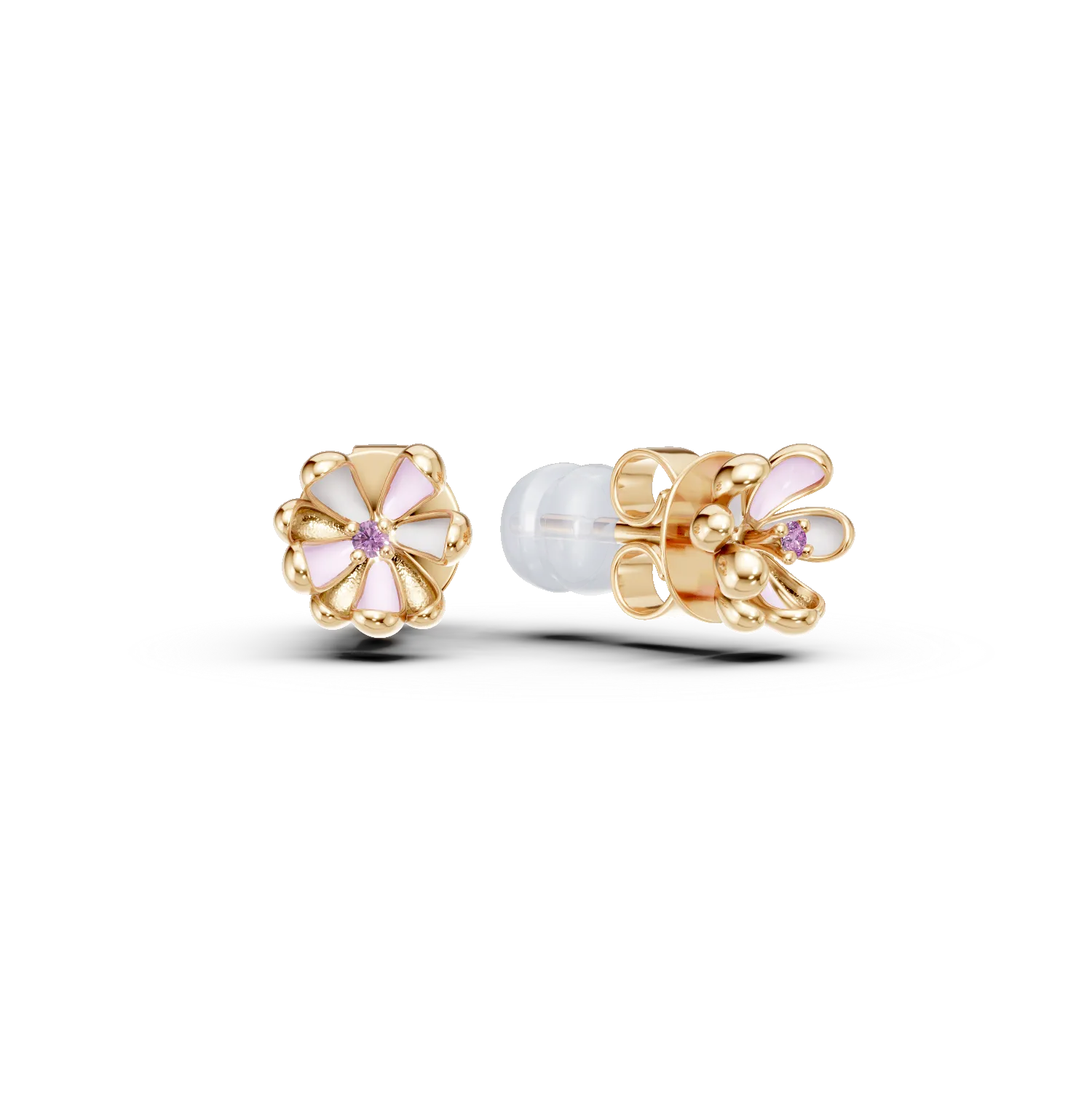 Yellow gold children's linden flower earrings with 0.03ct pink sapphires