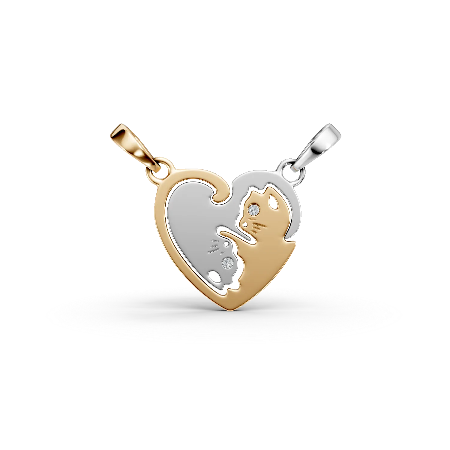 Pandantiv dublu pisici din aur alb-galben cu diamante de 0.004ct pentru copii