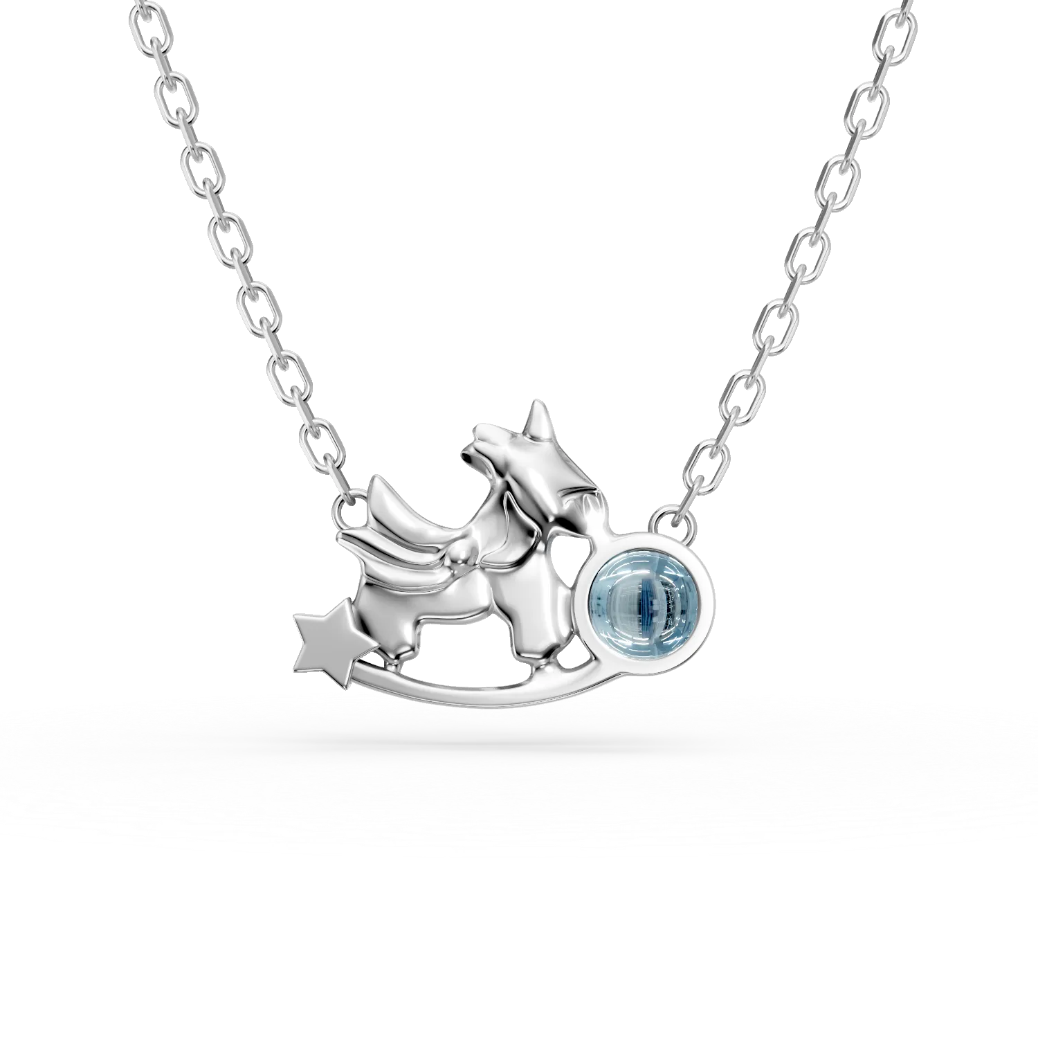 Lant cu pandantiv unicorn din aur alb cu topaz albastru de 0.2ct pentru copii