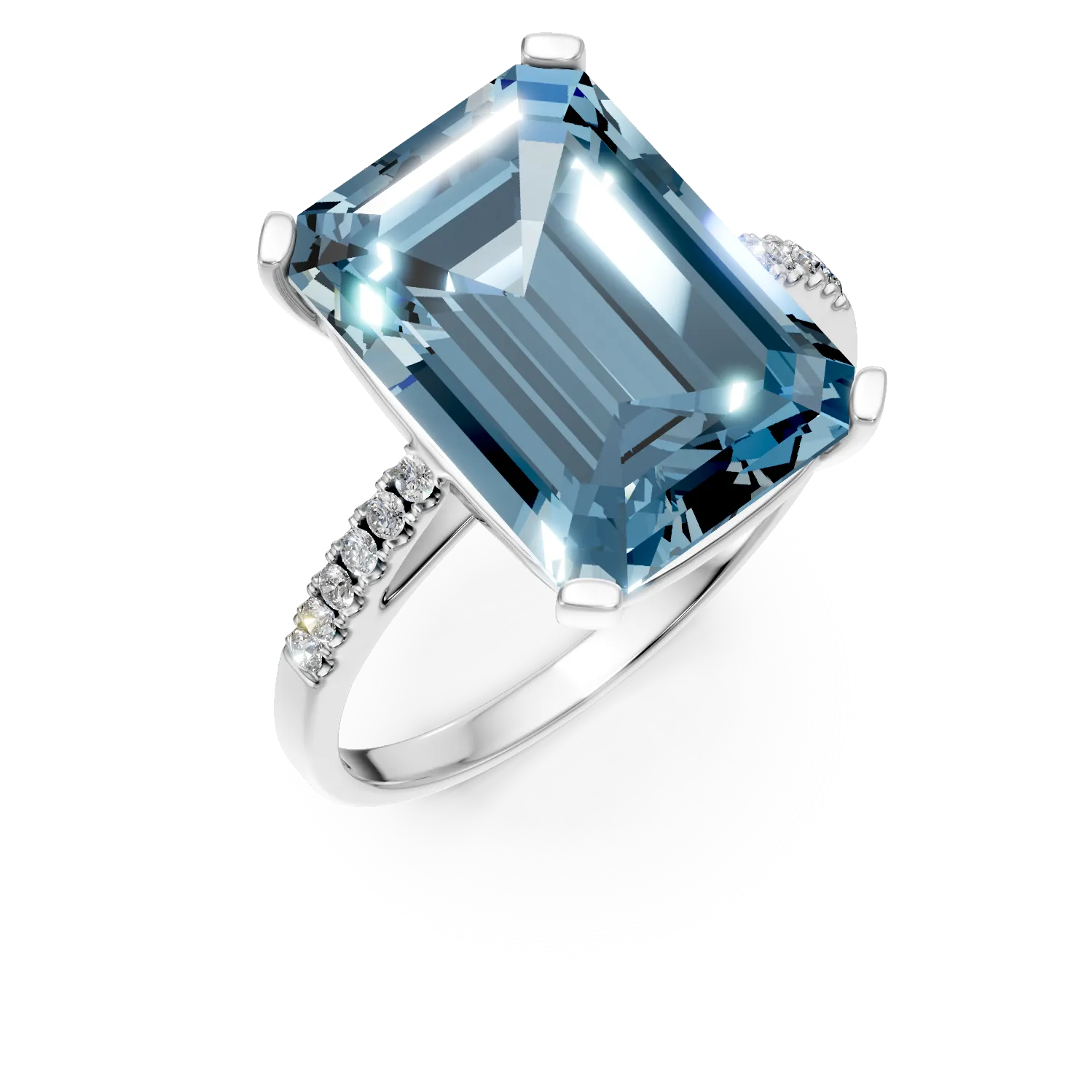 Inel geometric din aur alb cu topaz albastru octogonal de 9.3ct si diamante de 0.1ct