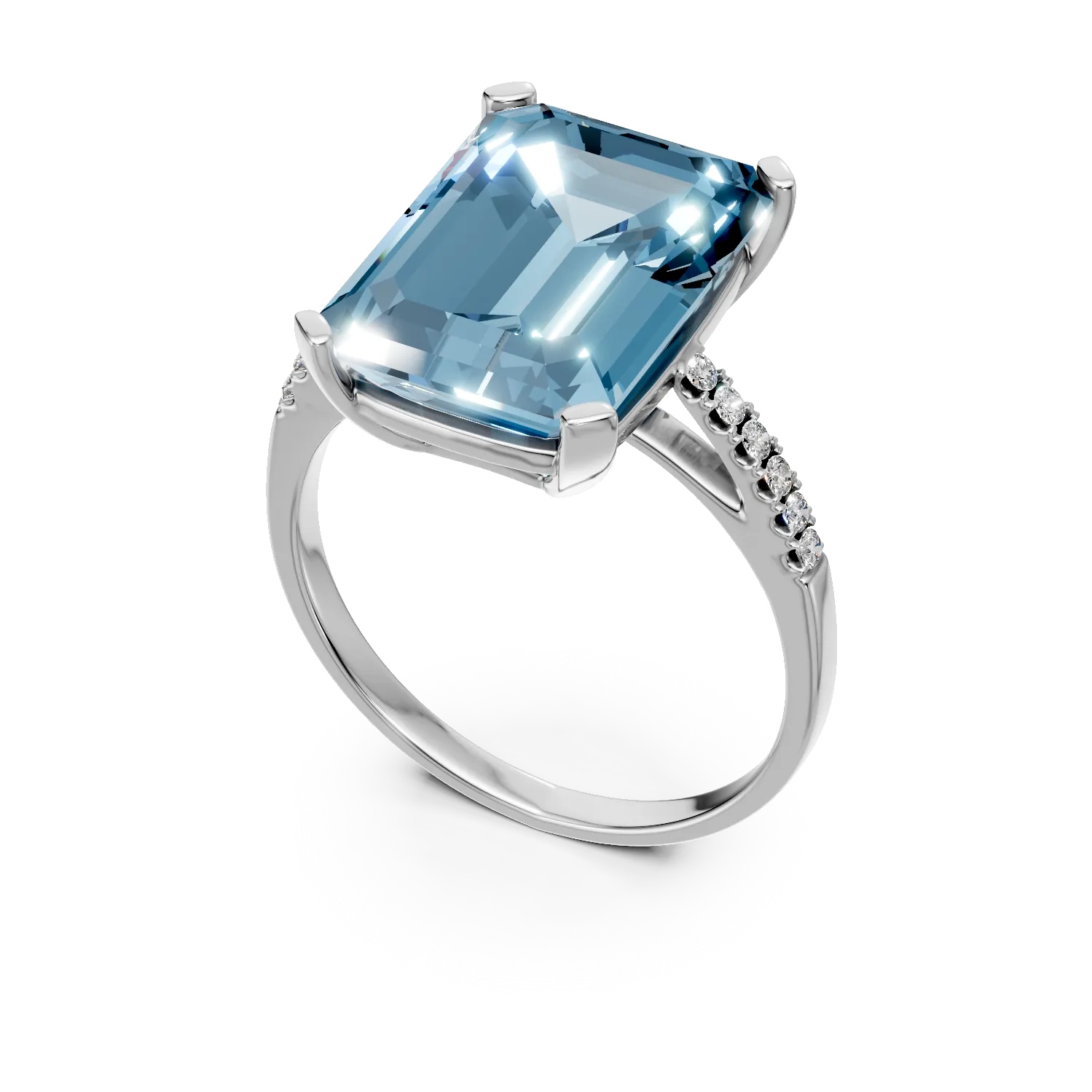 Inel geometric din aur alb cu topaz albastru octogonal de 9.3ct si diamante de 0.1ct