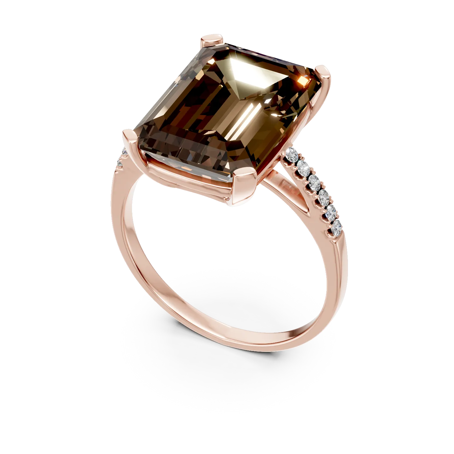 Pierścionek geometryczny z różowego złota z kwarcem dymnym o masie 7.3ct i diamentami o masie 0.1ct