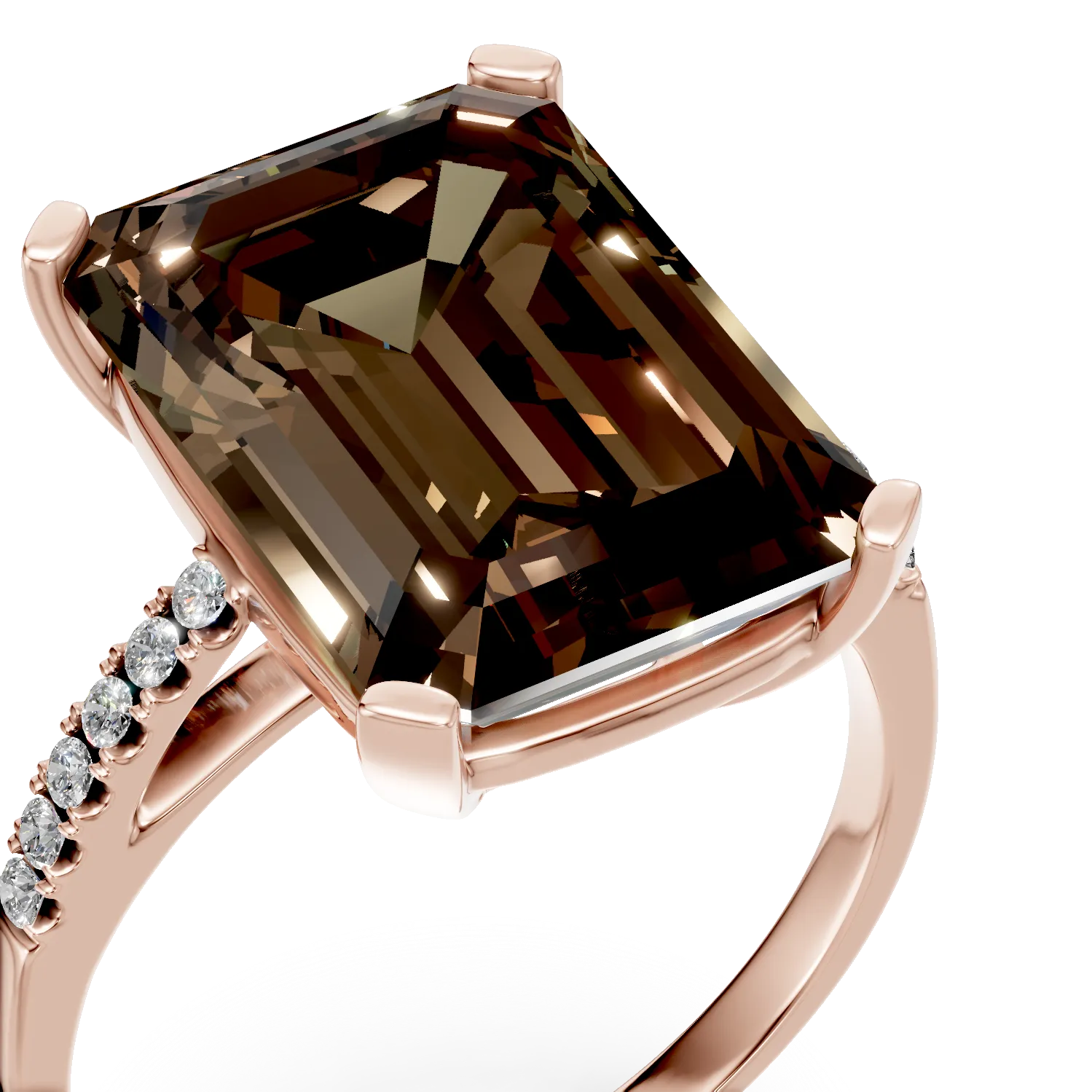Pierścionek geometryczny z różowego złota z kwarcem dymnym o masie 7.3ct i diamentami o masie 0.1ct
