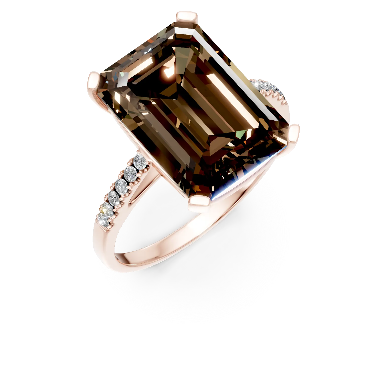 Inel geometric din aur roz cu cuart fumuriu octogonal de 7.3ct si diamante de 0.1ct