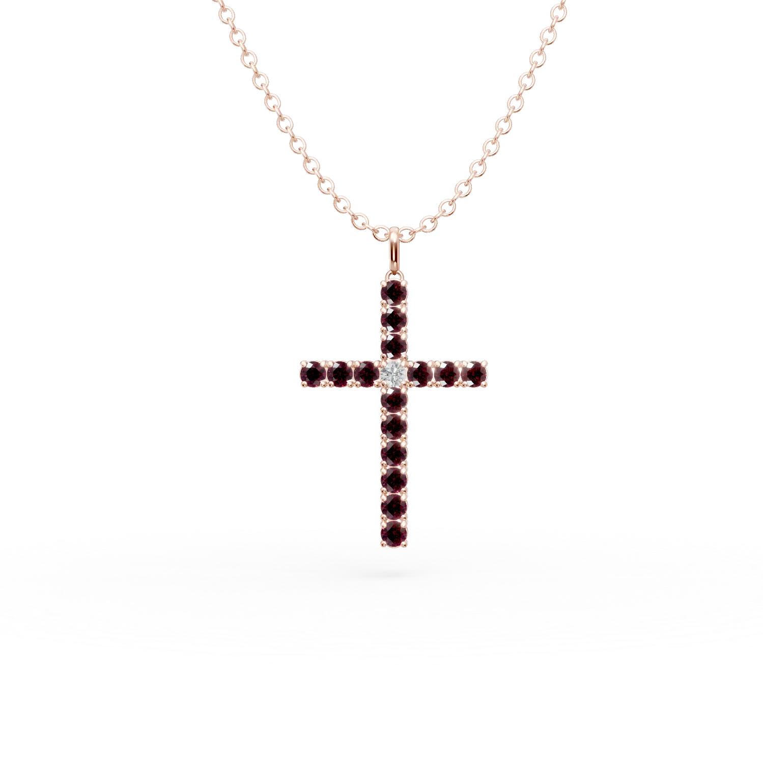 Lant cu pandantiv cruce din aur roz cu rubine de 1.4ct si diamant de 0.07ct