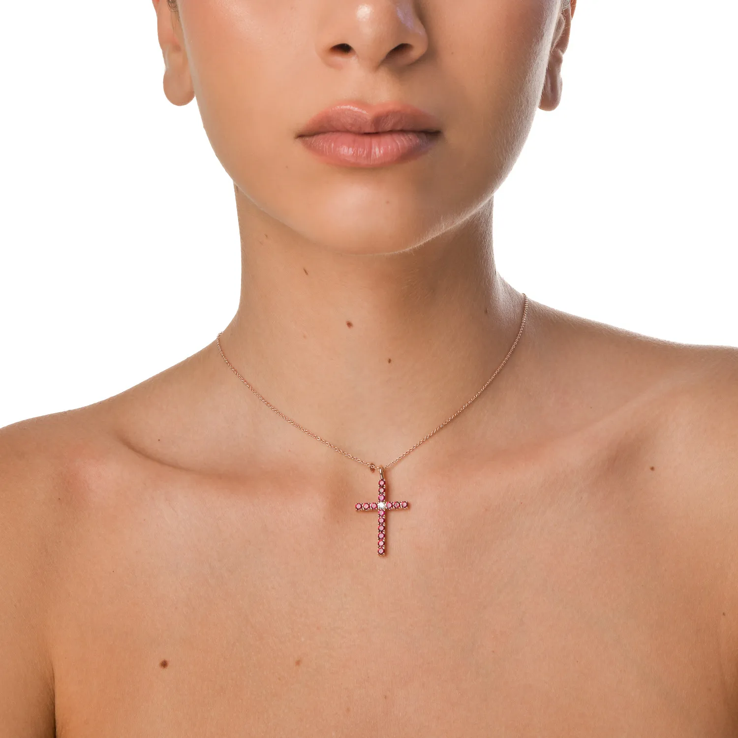 Rose gold cross pendant necklace with 1.4ct rubies and 0.07ct diamond
