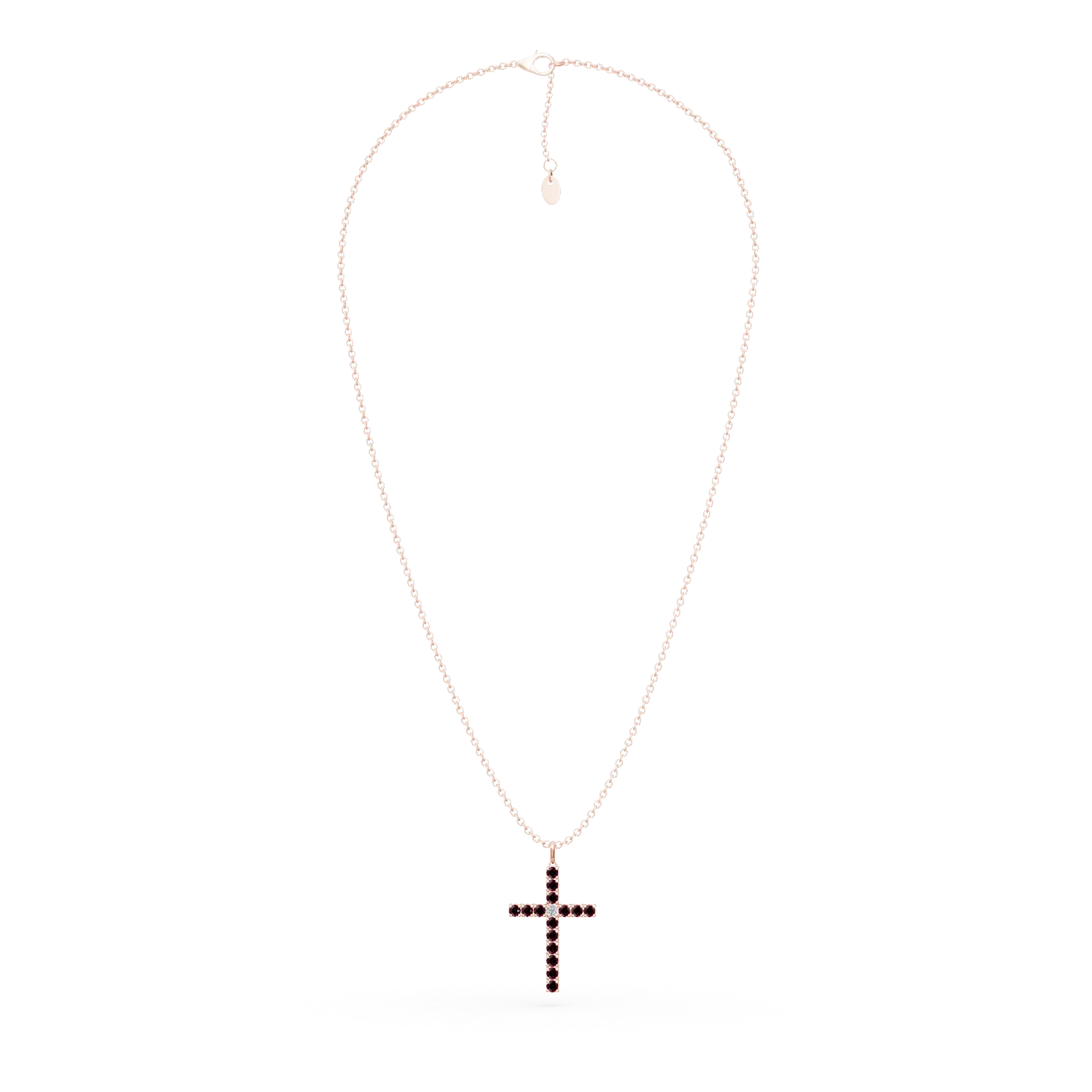 Lant cu pandantiv cruce din aur roz cu rubine de 1.3ct si diamant de 0.07ct