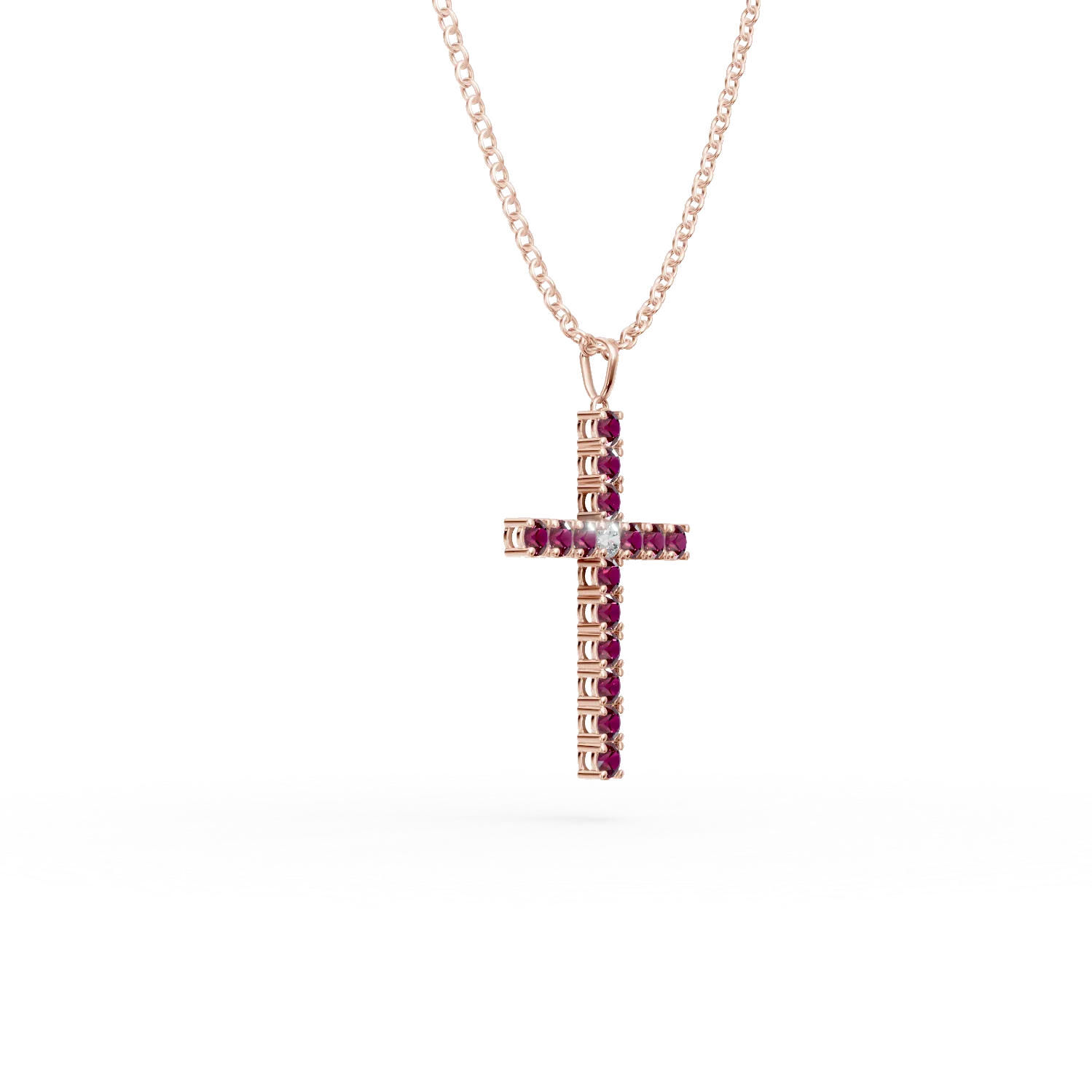Lant cu pandantiv cruce din aur roz cu rubine de 1.3ct si diamant de 0.07ct