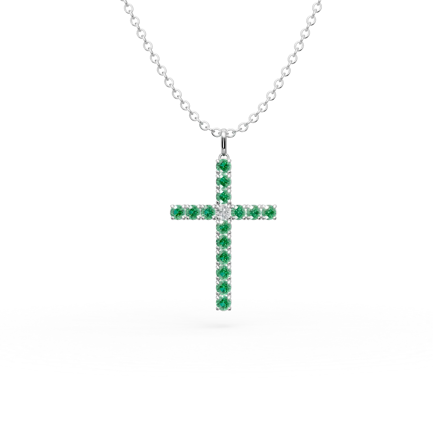 Teilor Lant cu pandantiv cruce din aur alb cu smaralde de 1.1ct si diamant de 0.07ct
