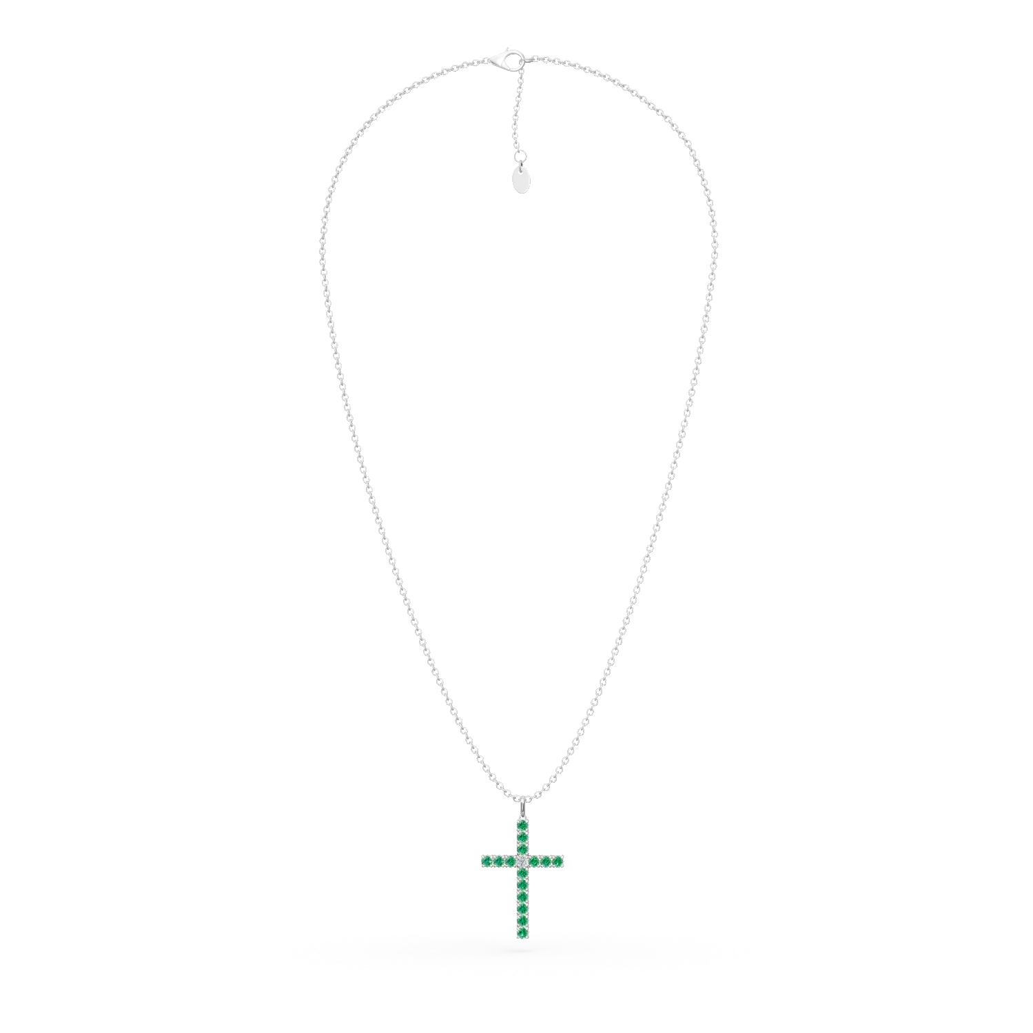 White gold cross pendant necklace with 1.1ct emeralds and 0.07ct diamond