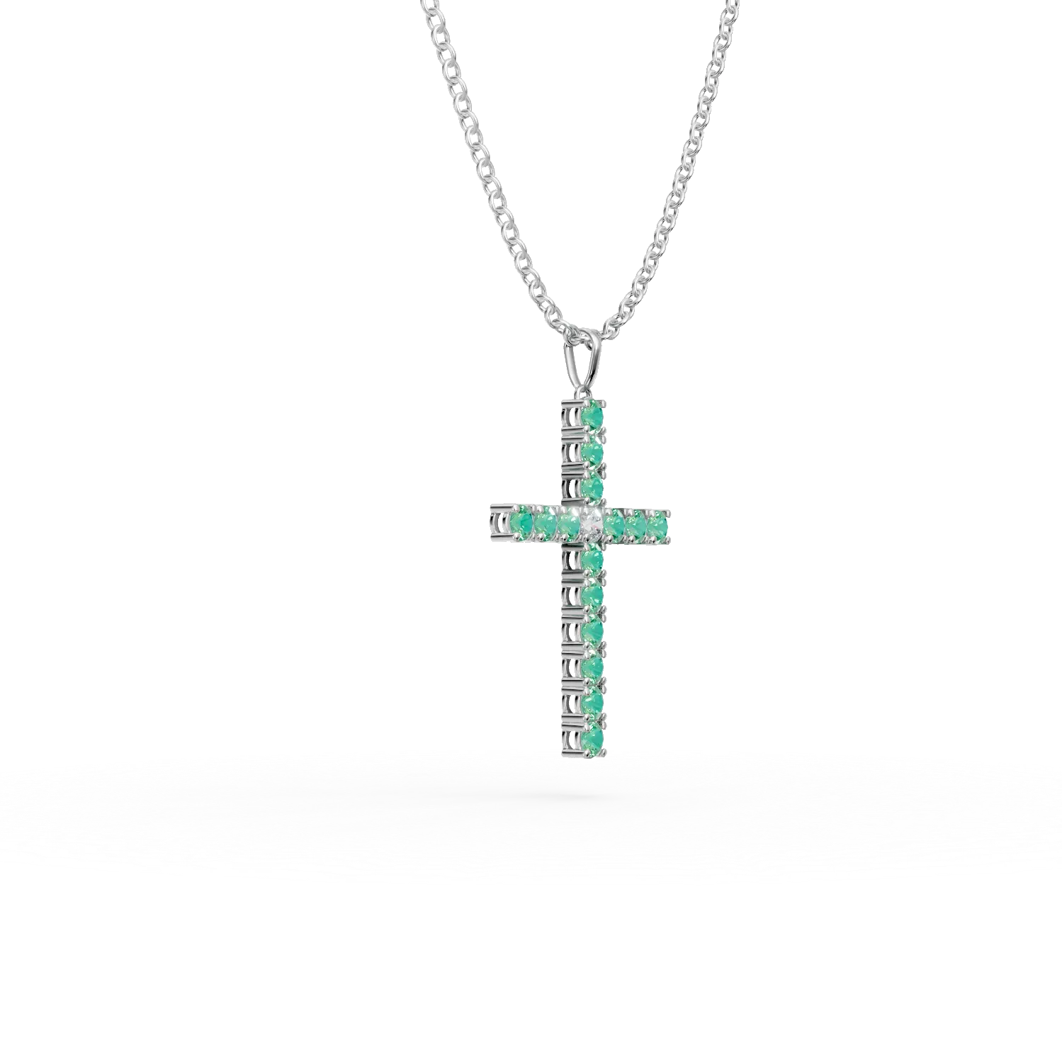 White gold cross pendant necklace with 1.1ct emeralds and 0.07ct diamond