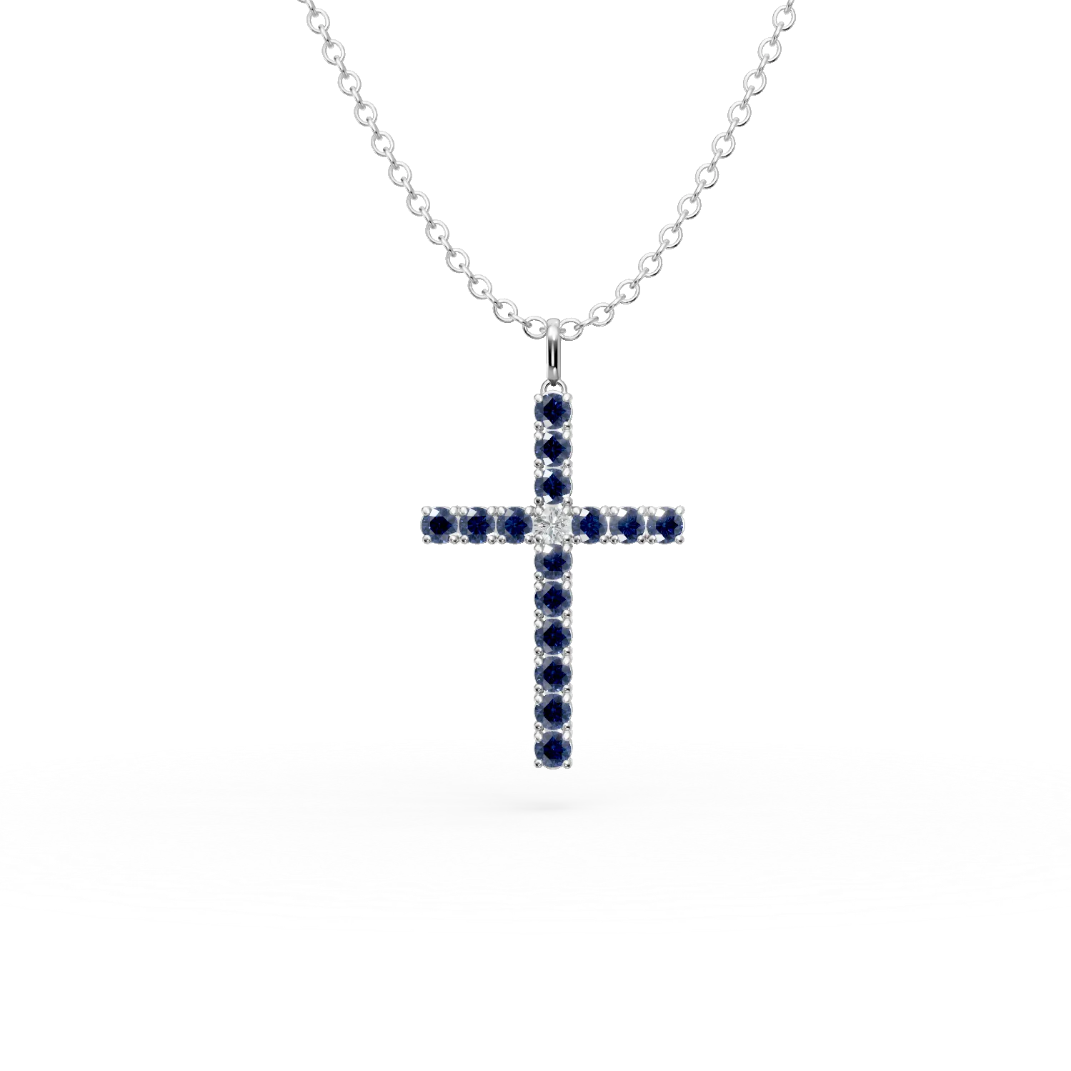 Teilor Lant cu pandantiv cruce din aur alb cu safire de 1.2ct si diamant de 0.07ct