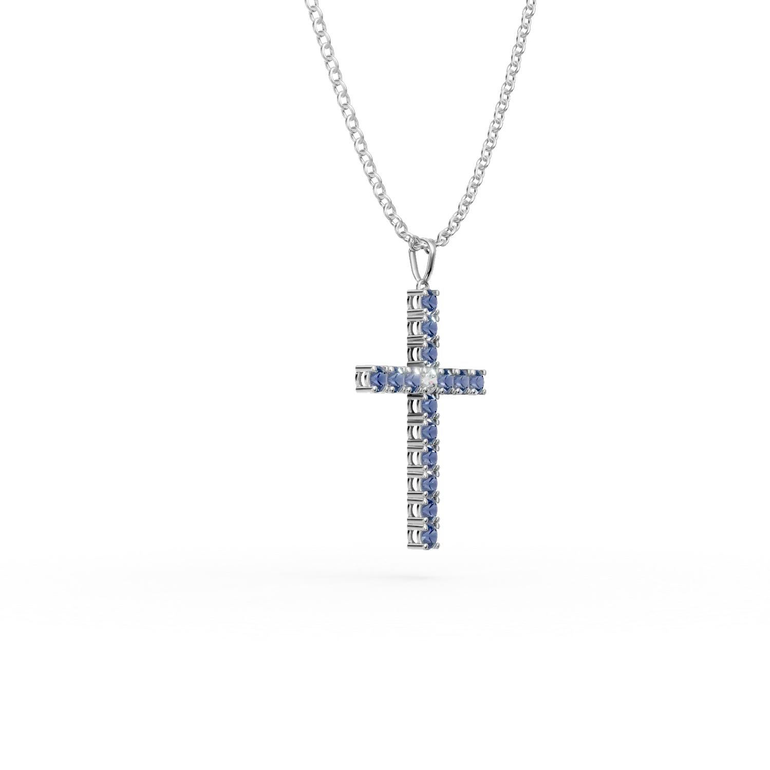 Fehérarany kereszt medálos nyaklánc 1.2ct zafírral és 0.07ct gyémánttal