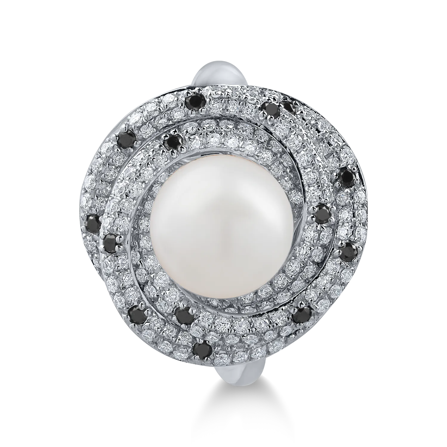 Inel din aur alb cu diamante negre si incolore de 0.7ct si perla de cultura - imagine 2