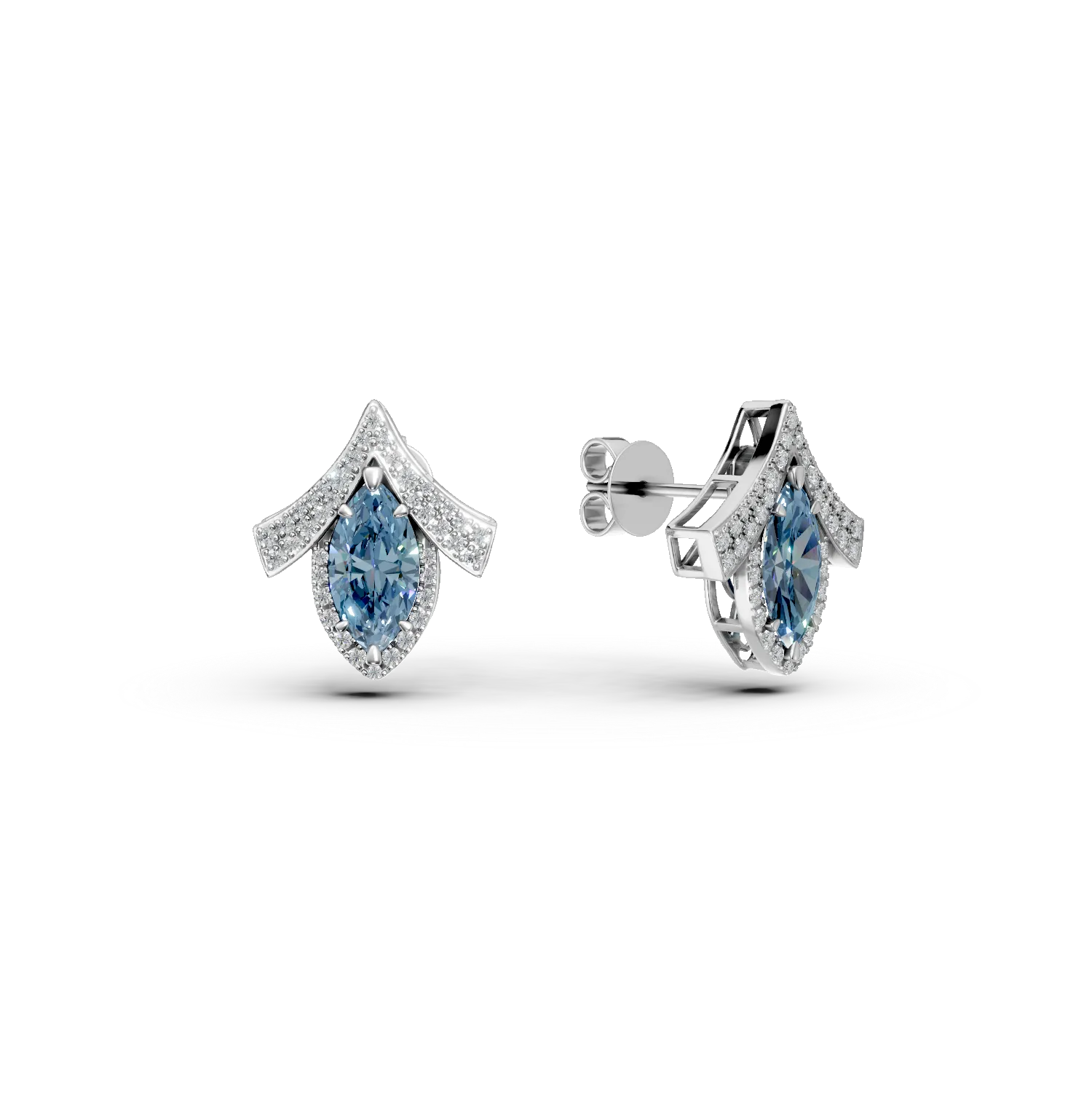 White gold geometric earrings with 2.5ct lab-grown blue and clear diamonds