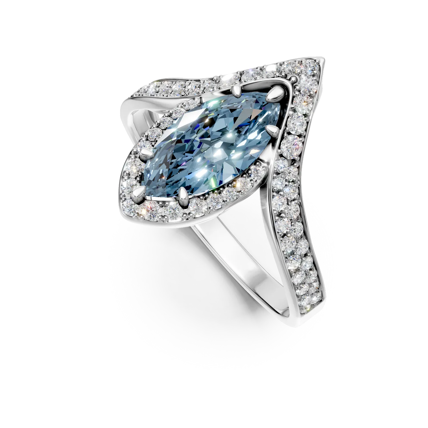 Inel geometric din aur alb cu diamante albastre si incolore de 2.7ct create in laborator