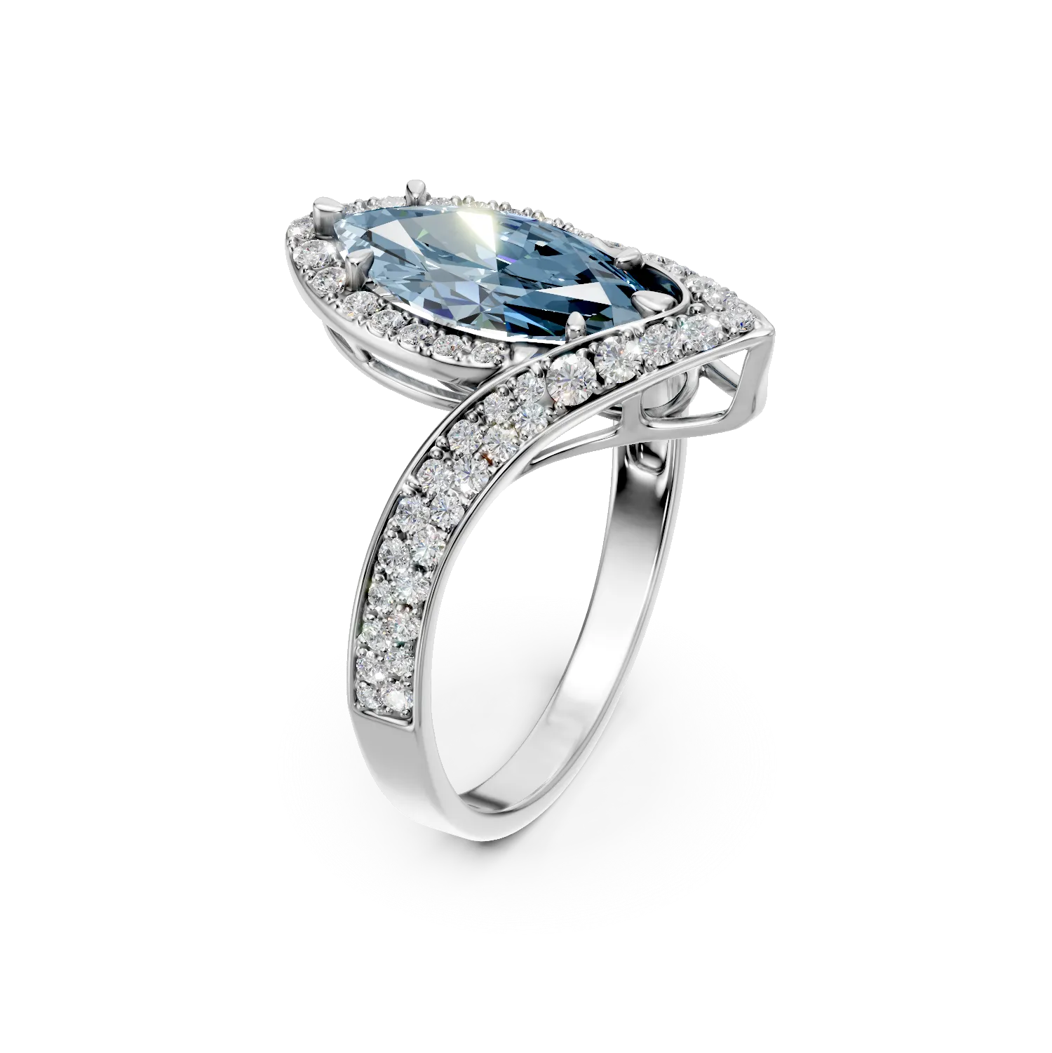 White gold geometric ring with 2.7ct lab-grown blue and clear diamonds