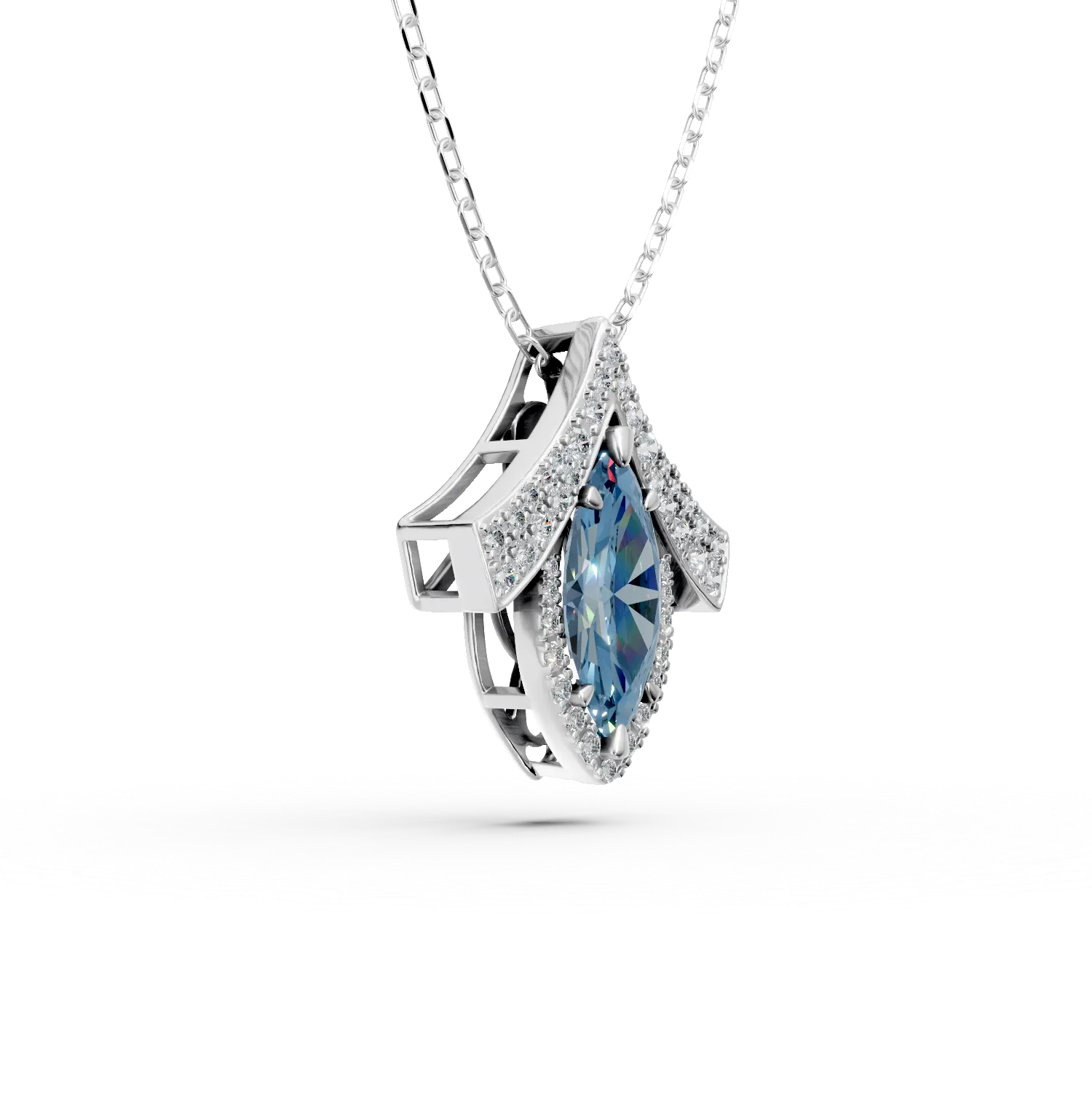 White gold geometric pendant necklace with 2.4ct lab-grown blue and clear diamonds