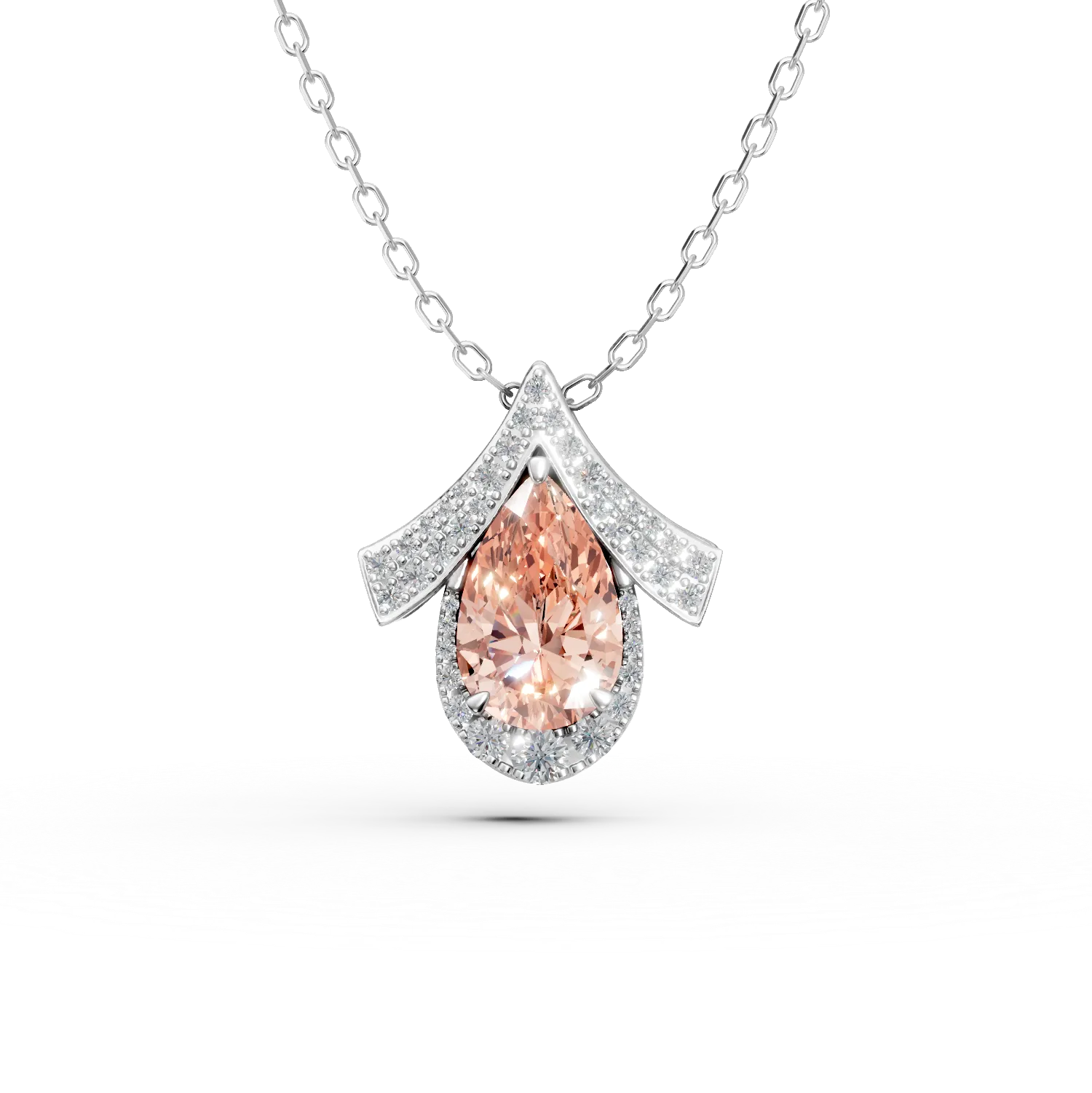 Lant cu pandantiv geometric din aur alb cu diamant fancy roz pear si diamante incolore de 2.5ct create in laborator