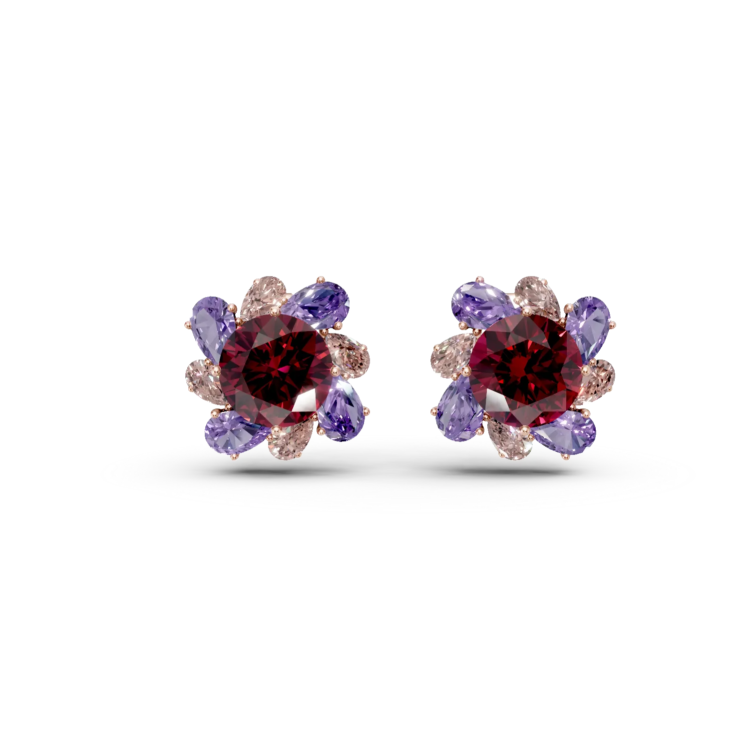 Cercei floare din aur roz cu pietre pretioase si semipretioase de 13.8ct