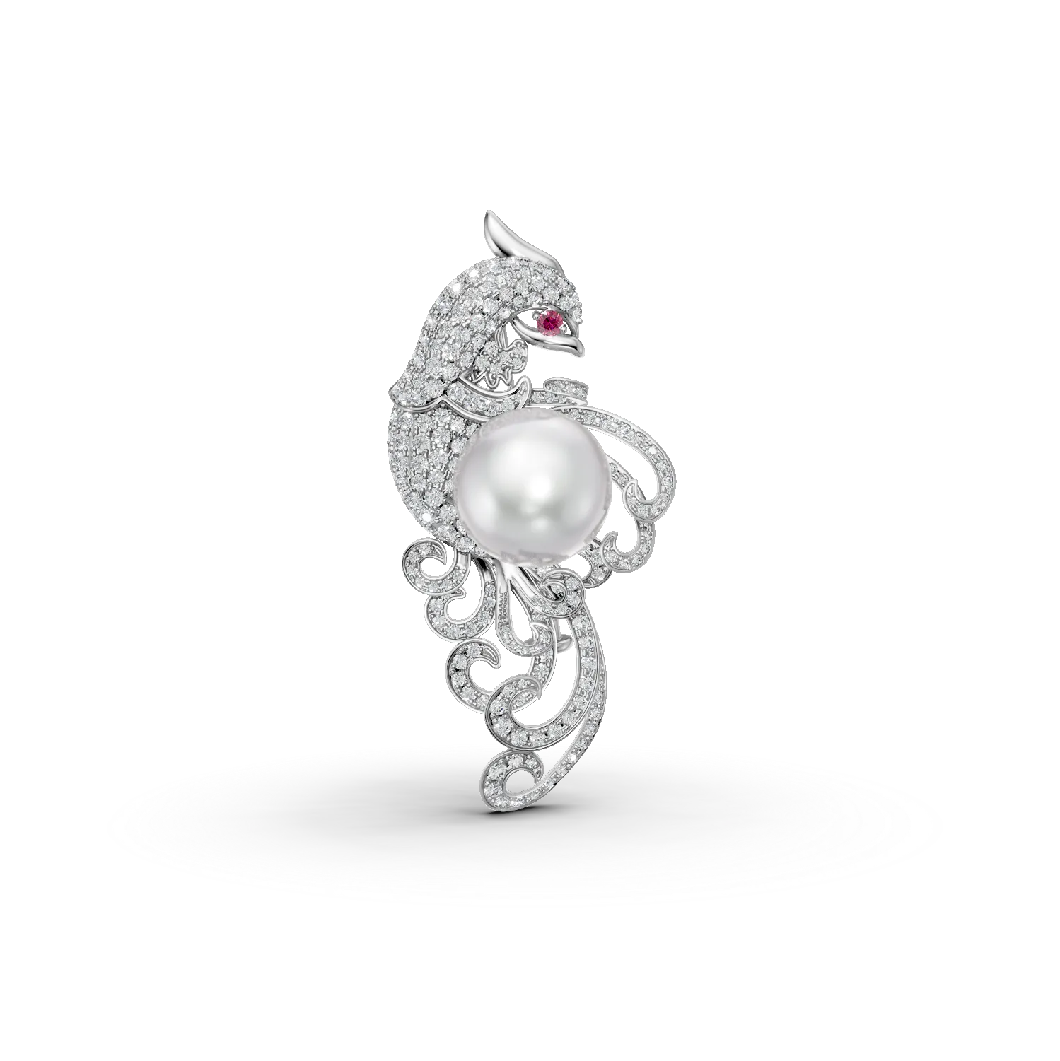 Brosa paun din aur alb cu diamante, rubine si perle de cultura de 0.8ct