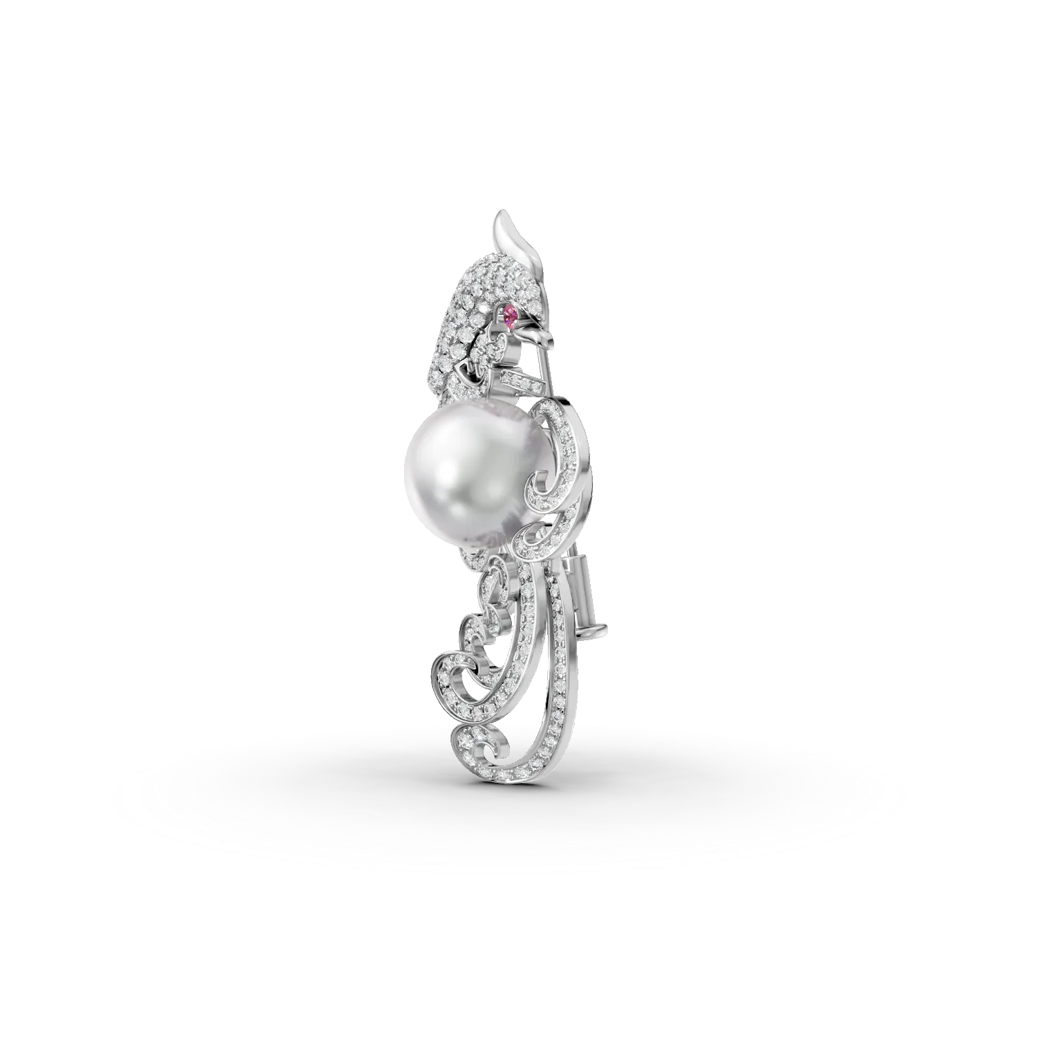 Brosa paun din aur alb cu diamante, rubine si perle de cultura de 0.8ct