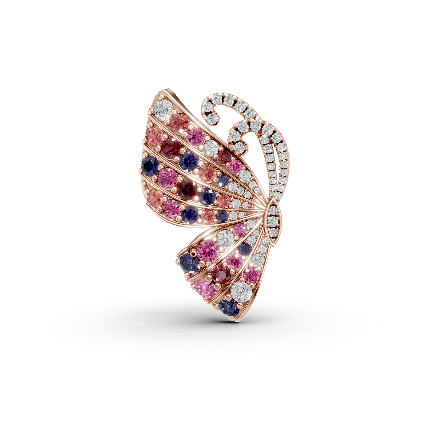 Brosa cu fluturi din aur roz cu pietre pretioase si semipretioase de 1.6ct