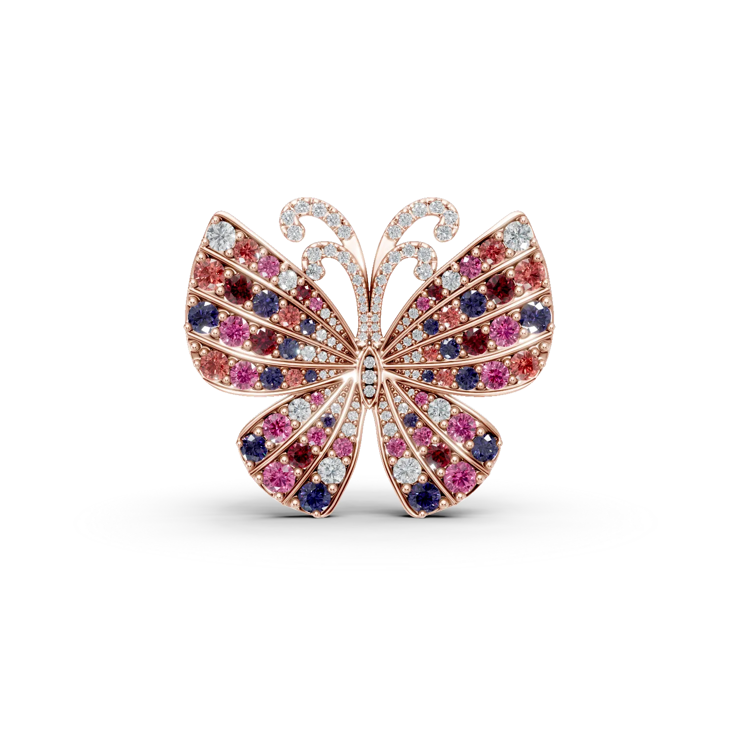 Brosa cu fluturi din aur roz cu pietre pretioase si semipretioase de 3.1ct