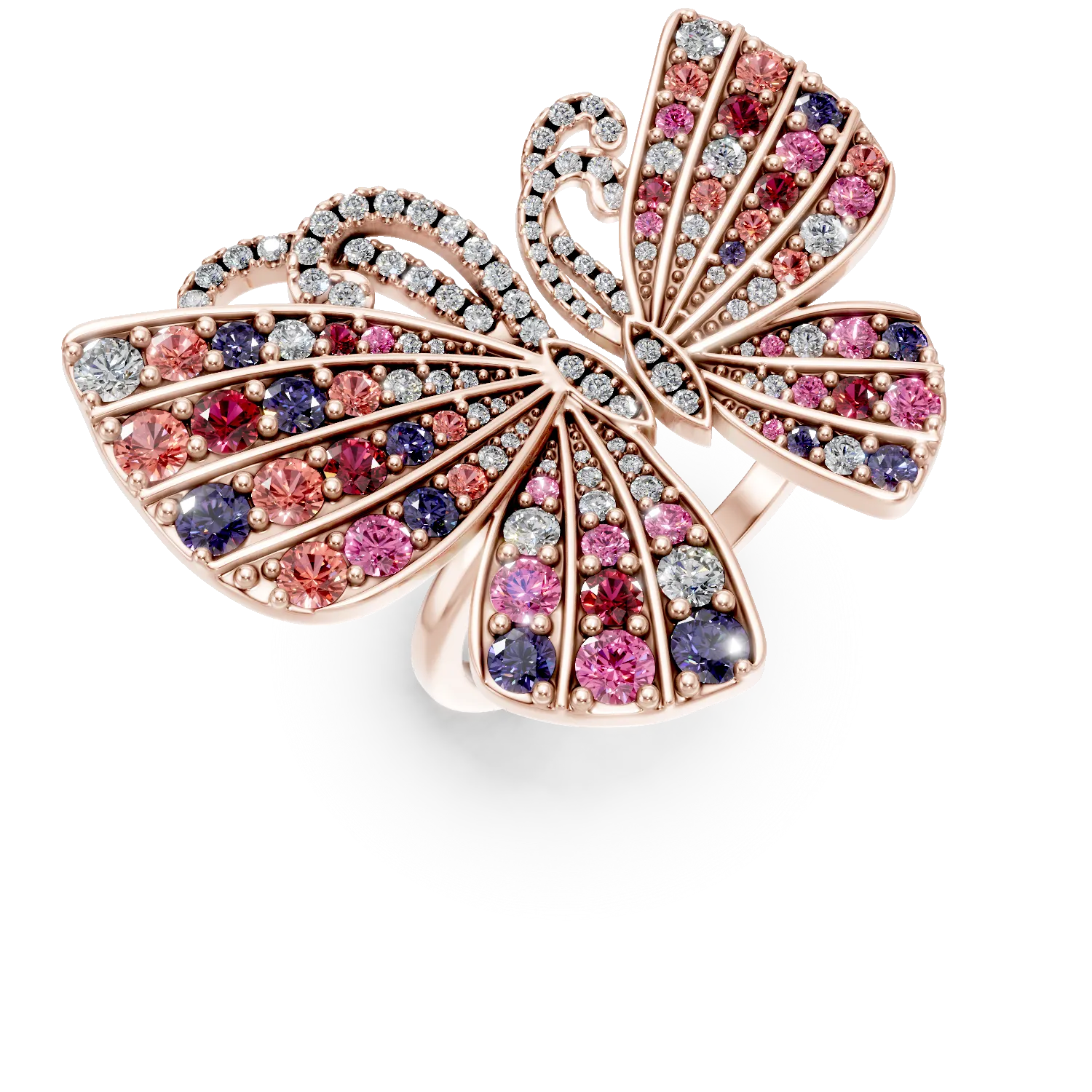 Inel cu fluturi din aur roz cu pietre pretioase si semipretioase de 1.6ct